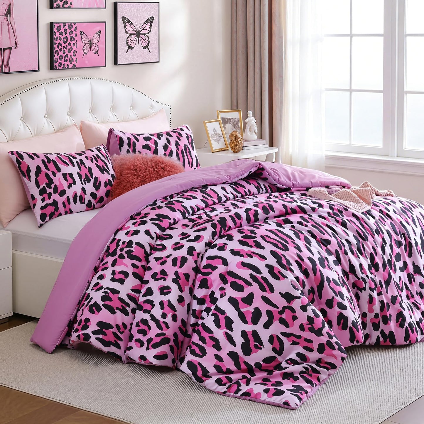 JANZAA Leopard Print Comforter Set King Size - 3 Pieces Animal Cheetah Printed Comforter Set, Cozy Soft Fluffy Pink/Floral Print Bedding Set with 2 Pillowcases for All Season