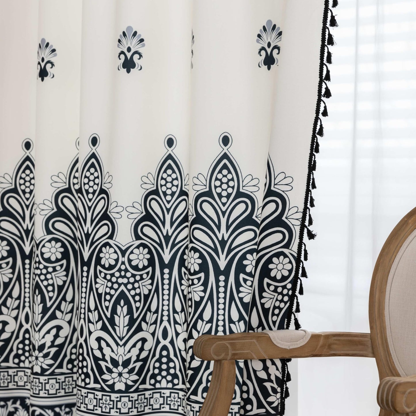 Erbnaryx Black Damask Curtains 72 Inches Long, Boho Farmhouse Light Filtering Rod Pocket Drapes with Tassel Trim for Bedroom Living Room, 2 Panels