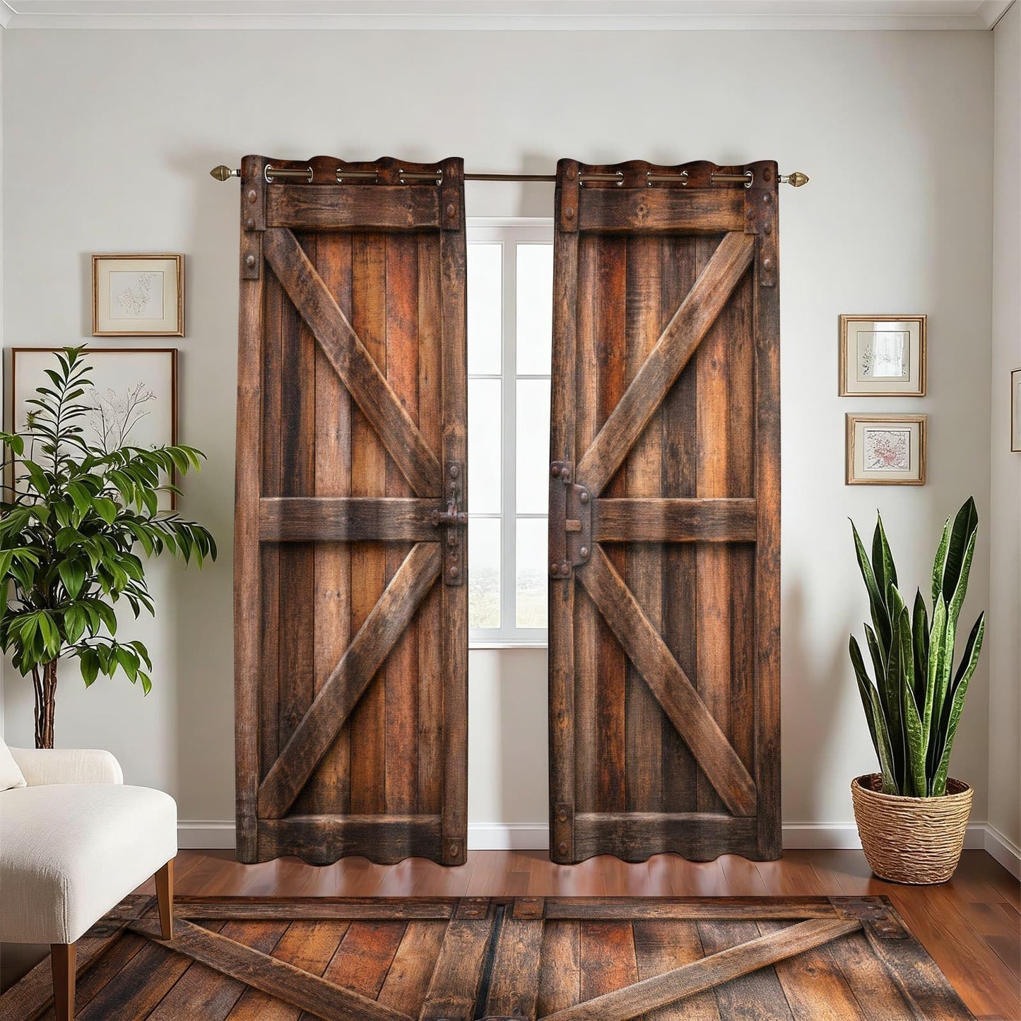 Warm Brown Rustic Barn Door Blackout Curtains, Vintage Wooden Texture Grommet Top Window Drapes, Thermal Insulated Room Darkening Curtains for Bedroom Farmhouse Cabin, 2 Panels Set, 29.5"W x 63"L