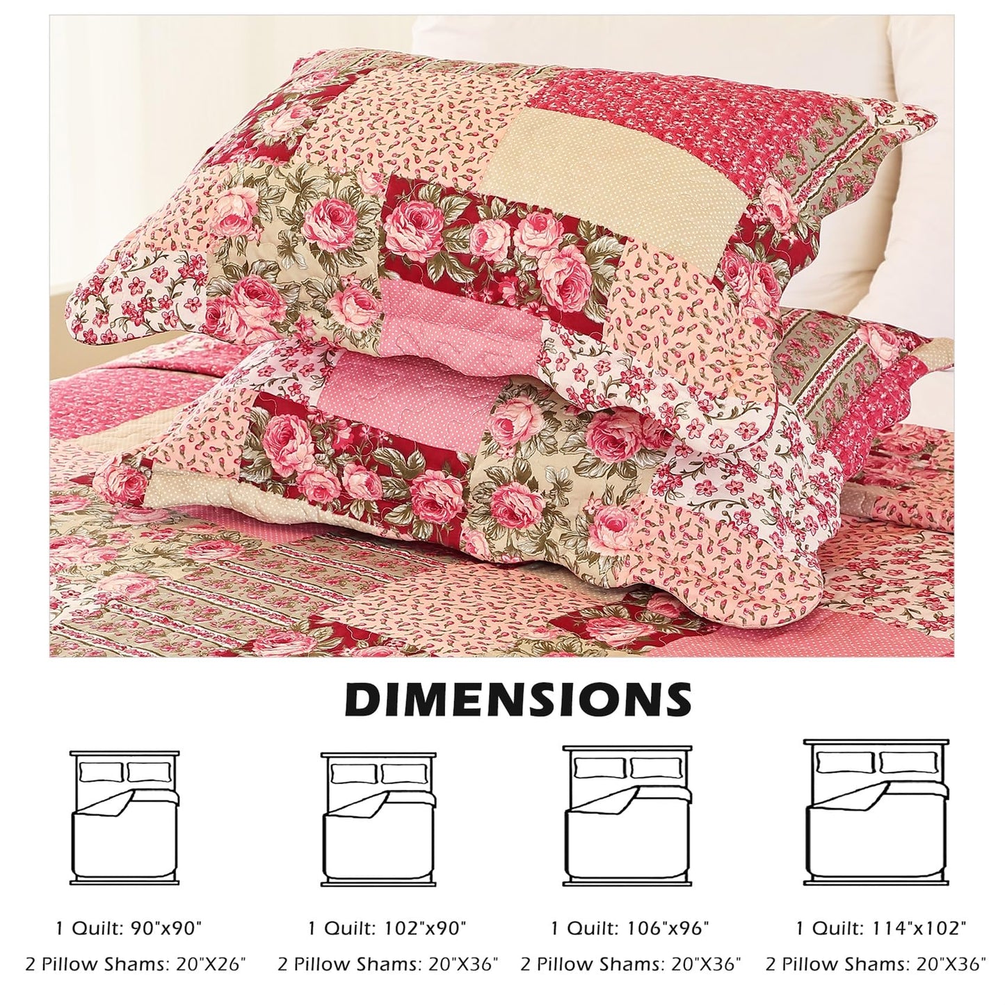 Cmfshape Summer Floral California King Bedspread,Romantic Pink Quilt Set King,Reversible Stitched Bedding Set All Season,Soft Lightweight Coverlet with Pillow Cases (Hot Pink&Rose, King106 x96)