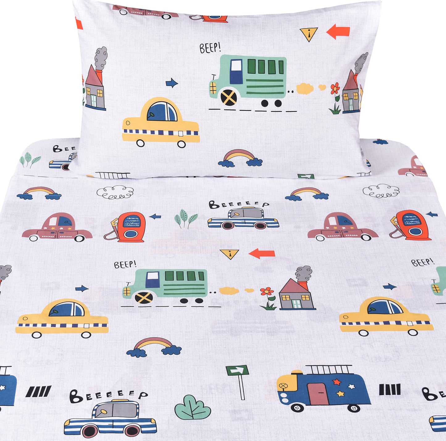 J-pinno Cars Bus Traffic Transport Boys Twin Sheet Set Bedroom Decoration Gift, 100% Cotton, Flat Sheet + Fitted Sheet + Pillowcase Bedding Set (12, Twin)