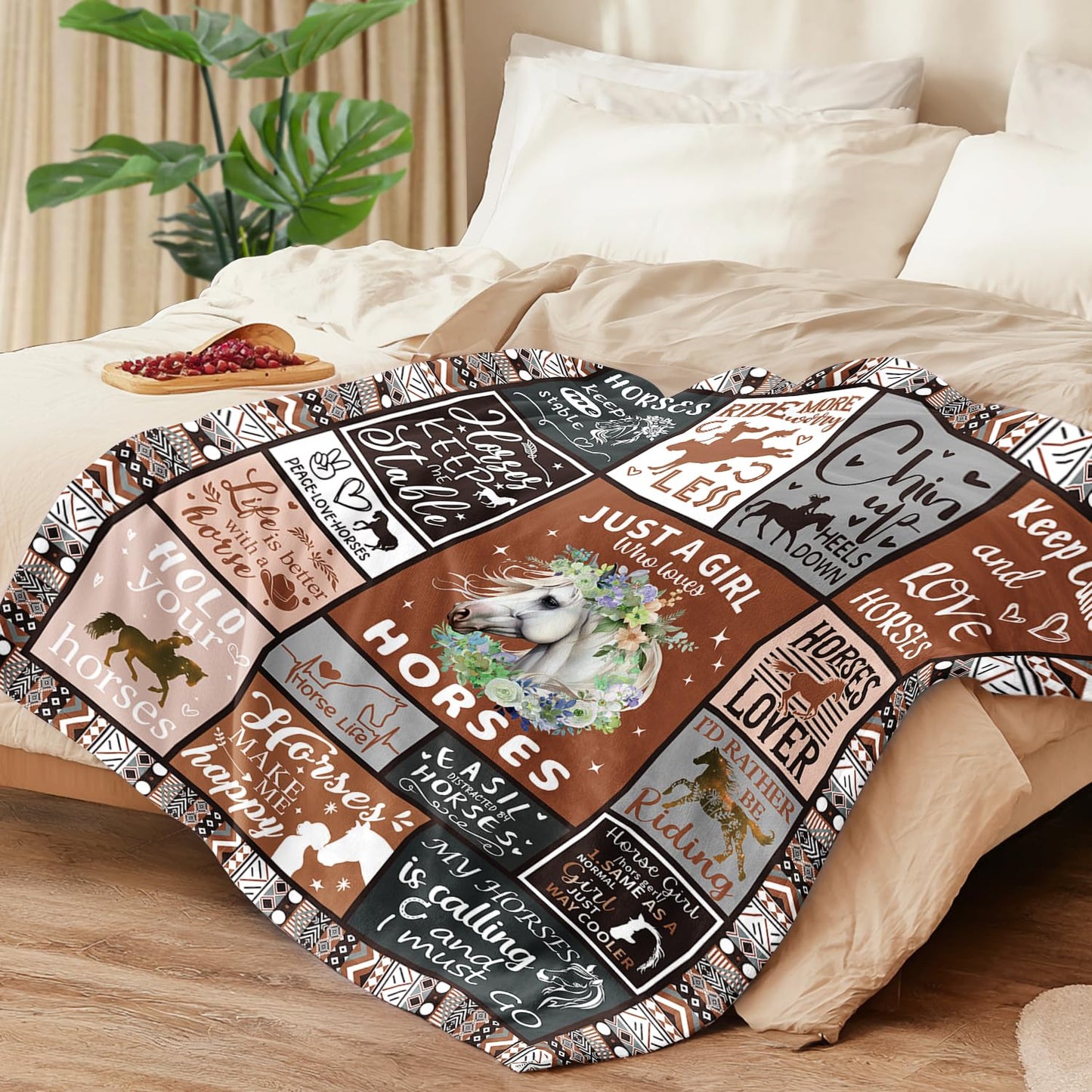 Horse Lover Gift for Women - 50"x40" Ultra Soft Plush Flannel Fleece Brown Horse Throw Blanket, Cozy Fluffy Decor for Couch Bed, Christmas Birthday Present