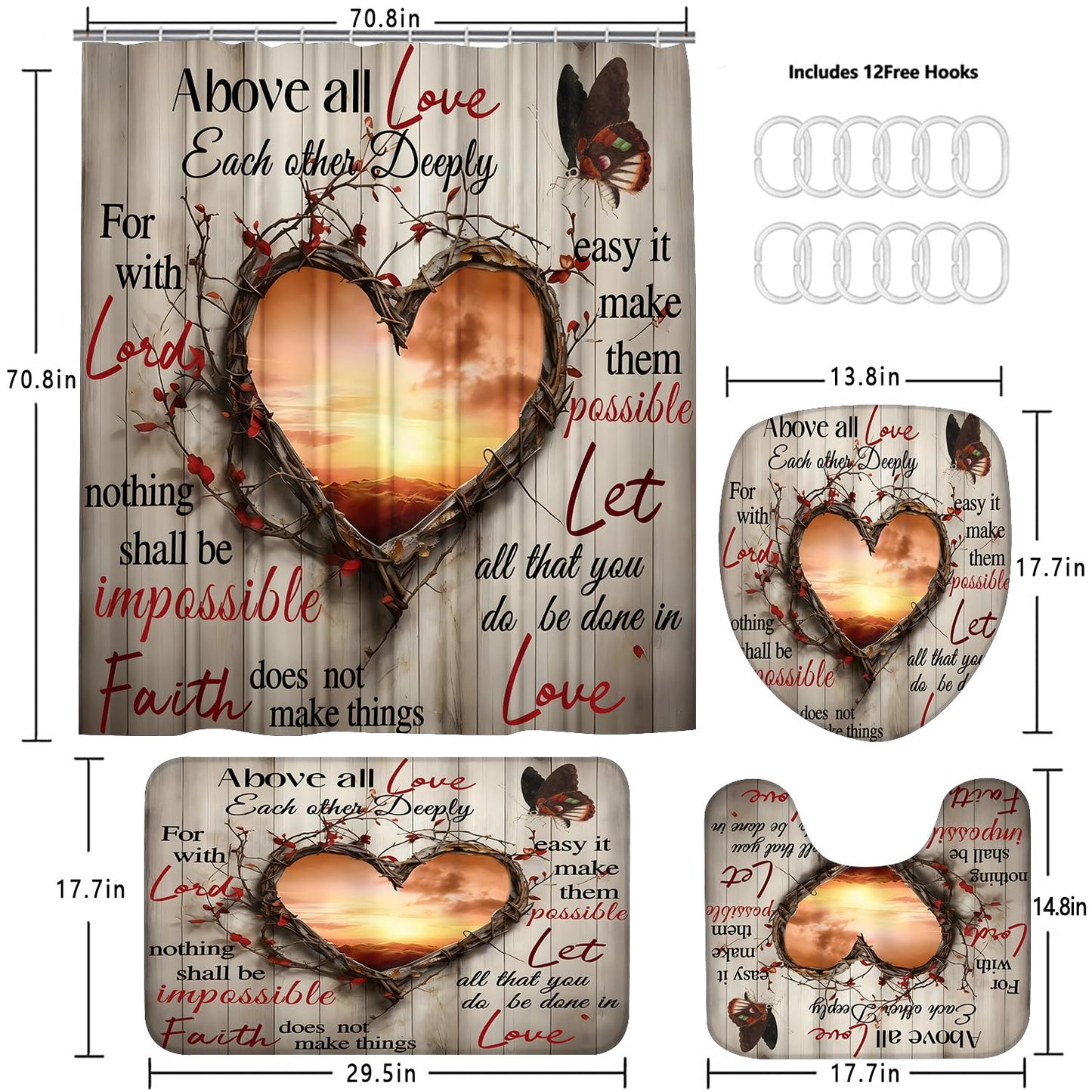 AZHM Sunset Love Heart Shower Curtain Set 4 PCS Inspirational Quote Bathroom Rug Set with Shower Curtain and 12 Hooks