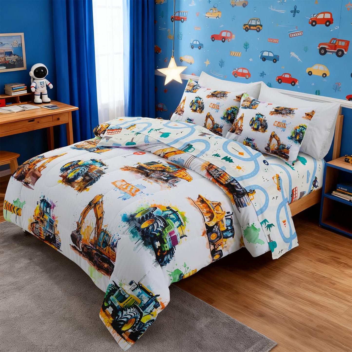 Holawakaka Trucks Tractors Cars Boy Bedding Comforter Set with Sheets, Twin Size Cartoon Construction Car Excavator Print Kids Bed in A Bag 5-Piece, Boys Reversible Dorm Bed Sets (Multi Twin)