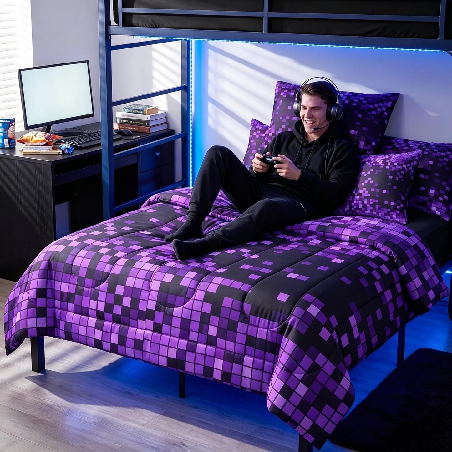 Feelyou Purple Black Pixel Art Comforter Set with Sheets 7 Piece Twin Size Gamer Bed in a Bag Kids Boys Girls Retro Pixel Bedding Set Gamer Room Decor Bedroom Decor Soft Lightweight Microfiber