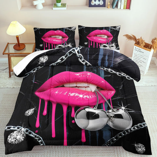 llyxsesty Pink Lips Comforter Set Queen Girls Goth Fashion Comforter Set Couple Black Goth Bedding for Women Vampire Bedding for Home Girls Vampire Bedroom Decor Elegant Home Decor