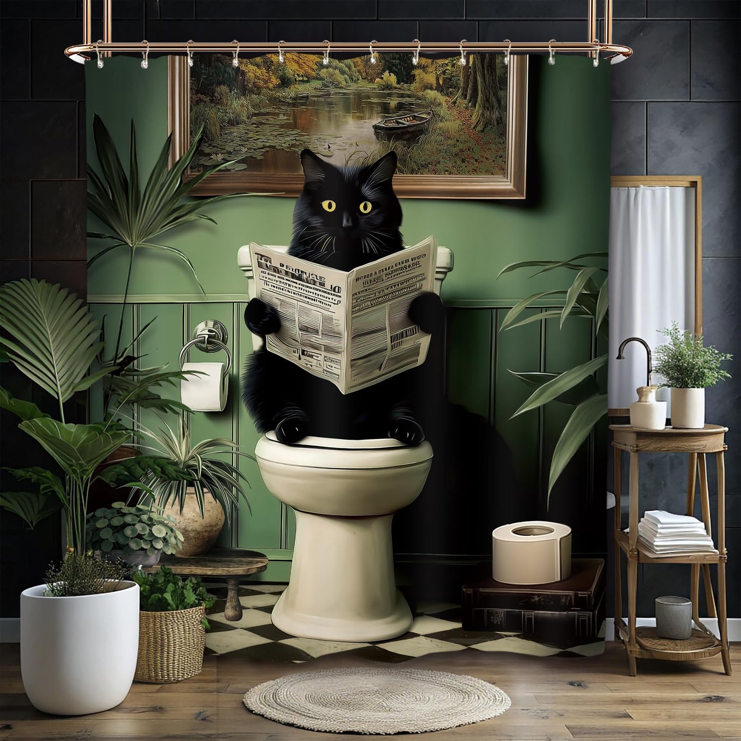 Miyotaa Black Cat Shower Curtain Set 60Wx71H Inches Funny Retro Reading Newspaper Green Plant Pet Vintage Botanical Waterproof Bathroom Curtain with 12 Hooks
