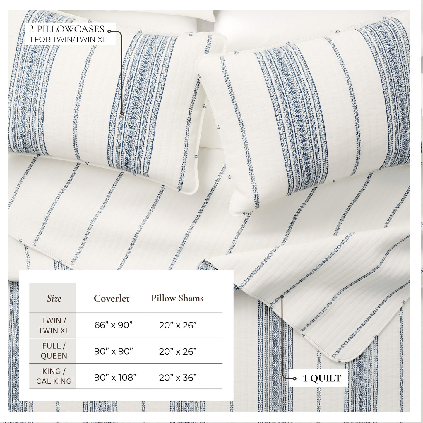 Great Bay Home Striped Quilt Set - 3-Piece Full/Queen Size Farmhouse Bedding Set - Lightweight, All-Season, Reversible Bedspread (Cream/Navy)