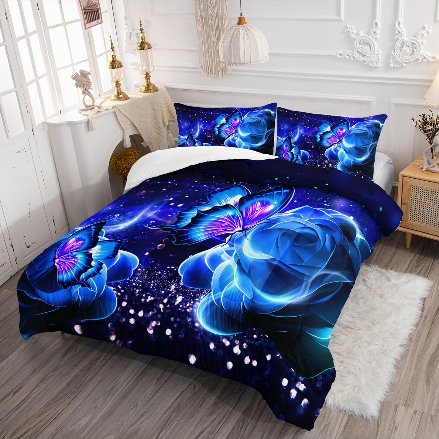 XYNHML Galaxy Butterfly Comforter Set Twin Size for Girls Kids Adults Butterfly Rose Bedding Set Aesthetics Butterflies Quilt Bed Set with 1 Comforter and 2 Pillowcases