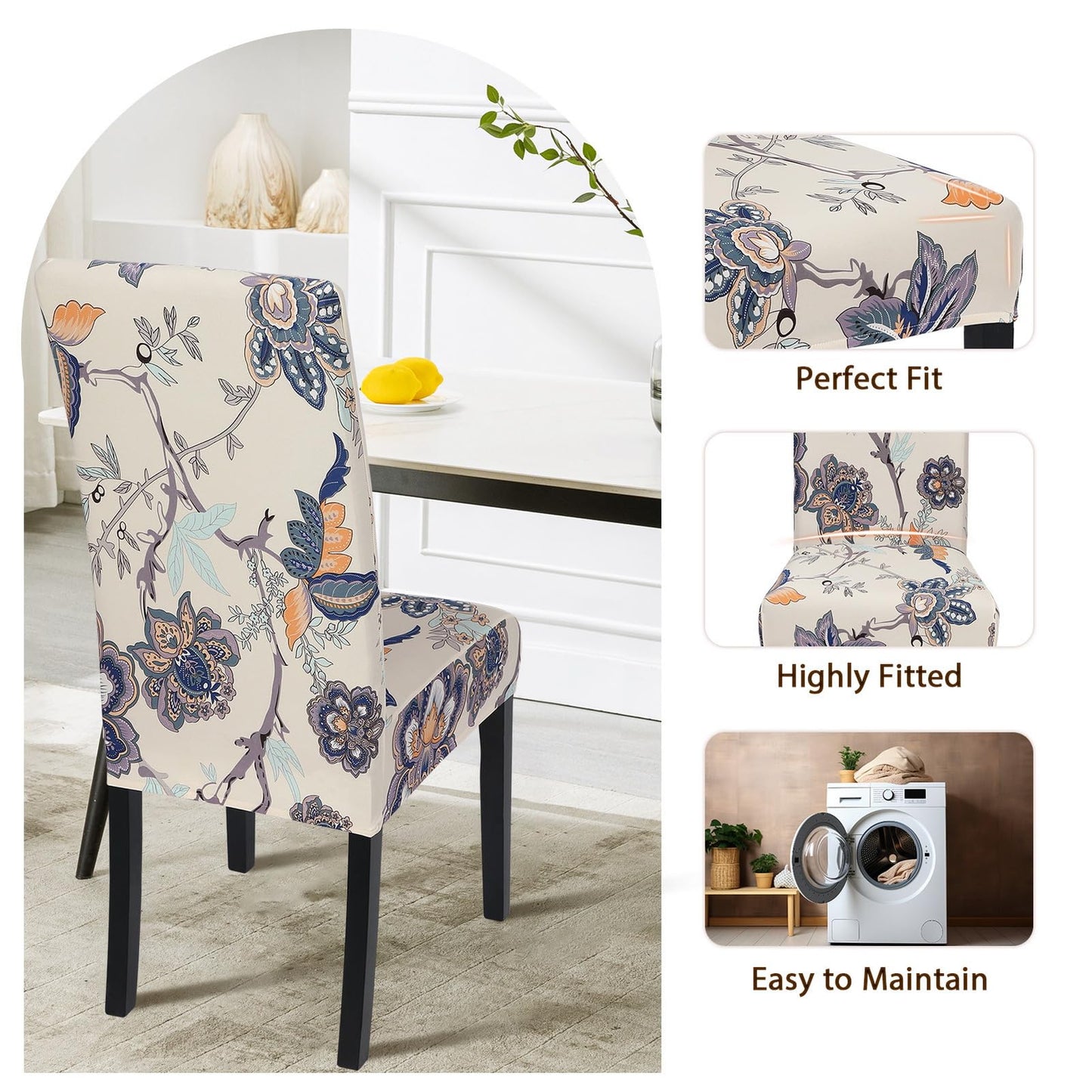 SearchI Dining Room Chair Covers Set of 4, Stretch Printed Floral Parsons Chair Slipcovers Spandex Removable Washable Kitchen Chair Protector Cover for Dining Room, Hotel, Ceremony (Beige+Flower)