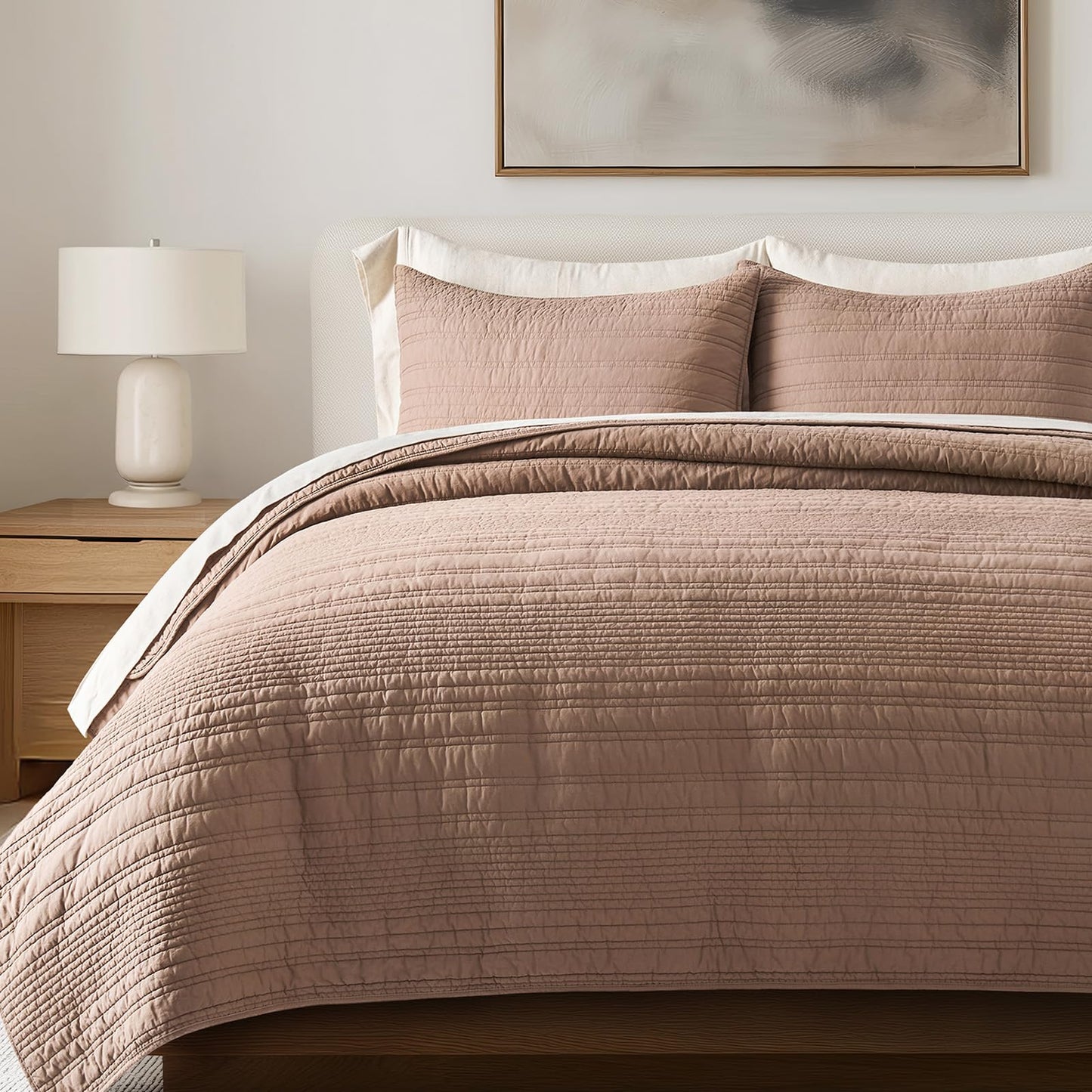 EVERGRACEHOME 100% Cotton Modern Lines Quilt Set King Size, Pre-Washed Soft Striped Coverlet Bedspread, 3 Piece Lightweight Bedding Set for All Season, with 2 Pillow Shams, Rose Dust