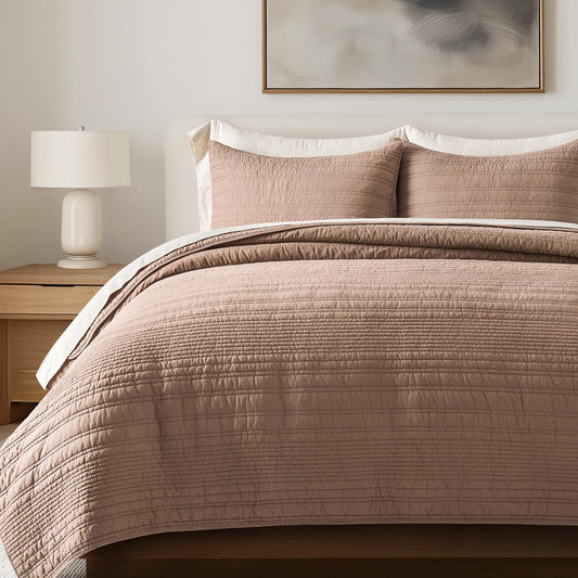 EVERGRACEHOME 100% Cotton Modern Lines Quilt Set King Size, Pre-Washed Soft Striped Coverlet Bedspread, 3 Piece Lightweight Bedding Set for All Season, with 2 Pillow Shams, Rose Dust