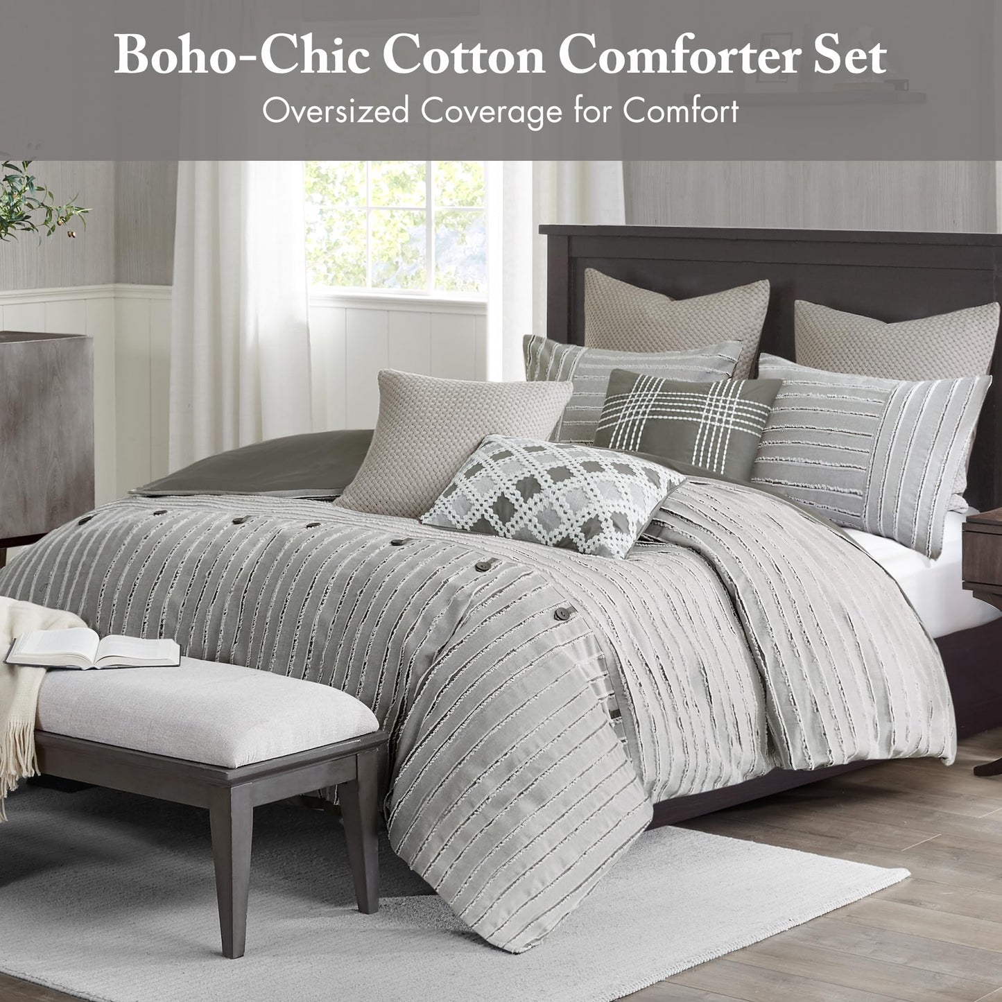 Madison Park King Comforter Set, Removable 100% Cotton Duvet Cover King Size with Insert, Farmhouse Bedding, Textured Stripe Clipped Jacquard Accent, King, Grey 9 Piece