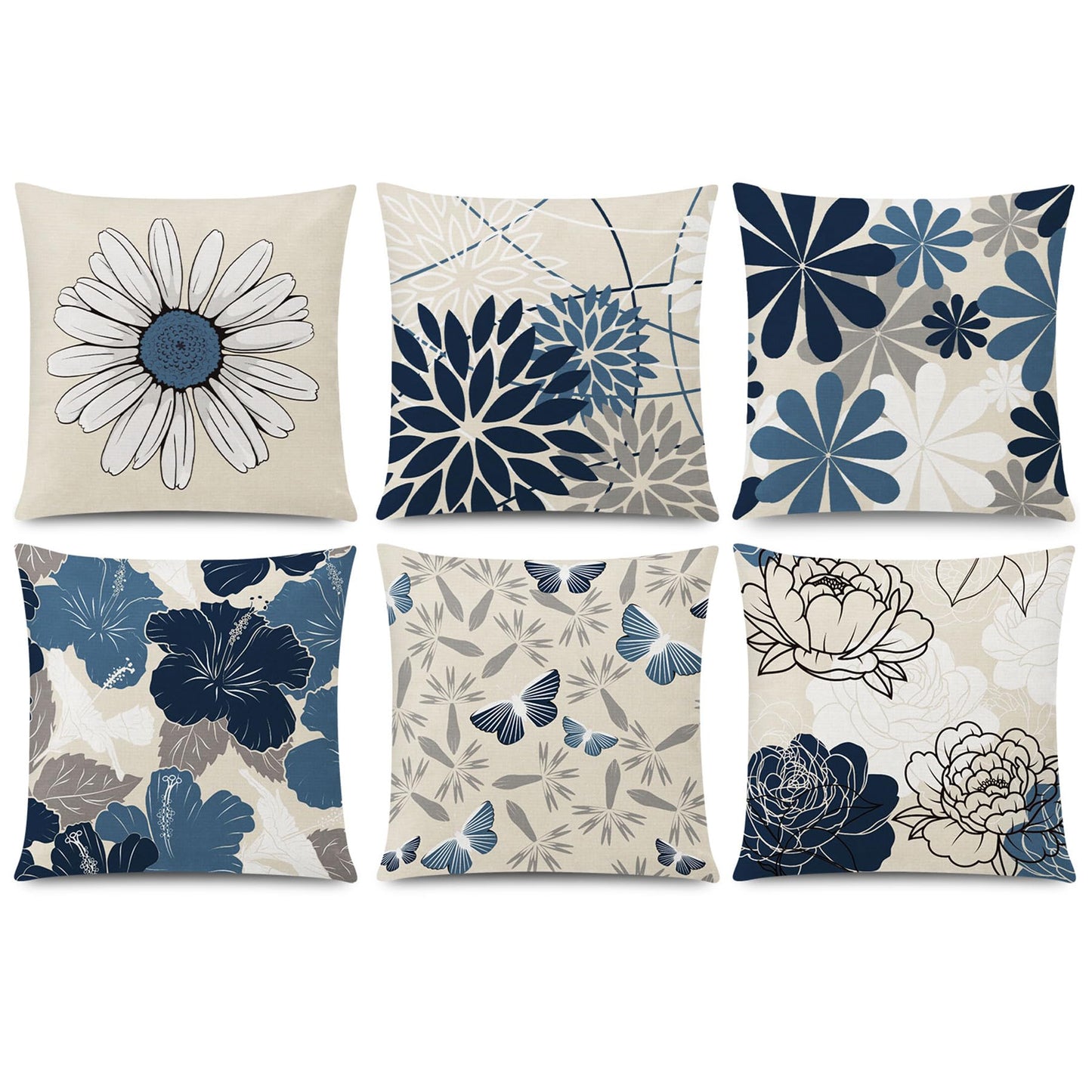 COMMINY Blue White Pillow Covers 18x18 Set of 6, Daisy Flower Throw Pillow Cover Case Square Cushion Cover for Sofa Bedroom Living Room Farmhouse Home Decor
