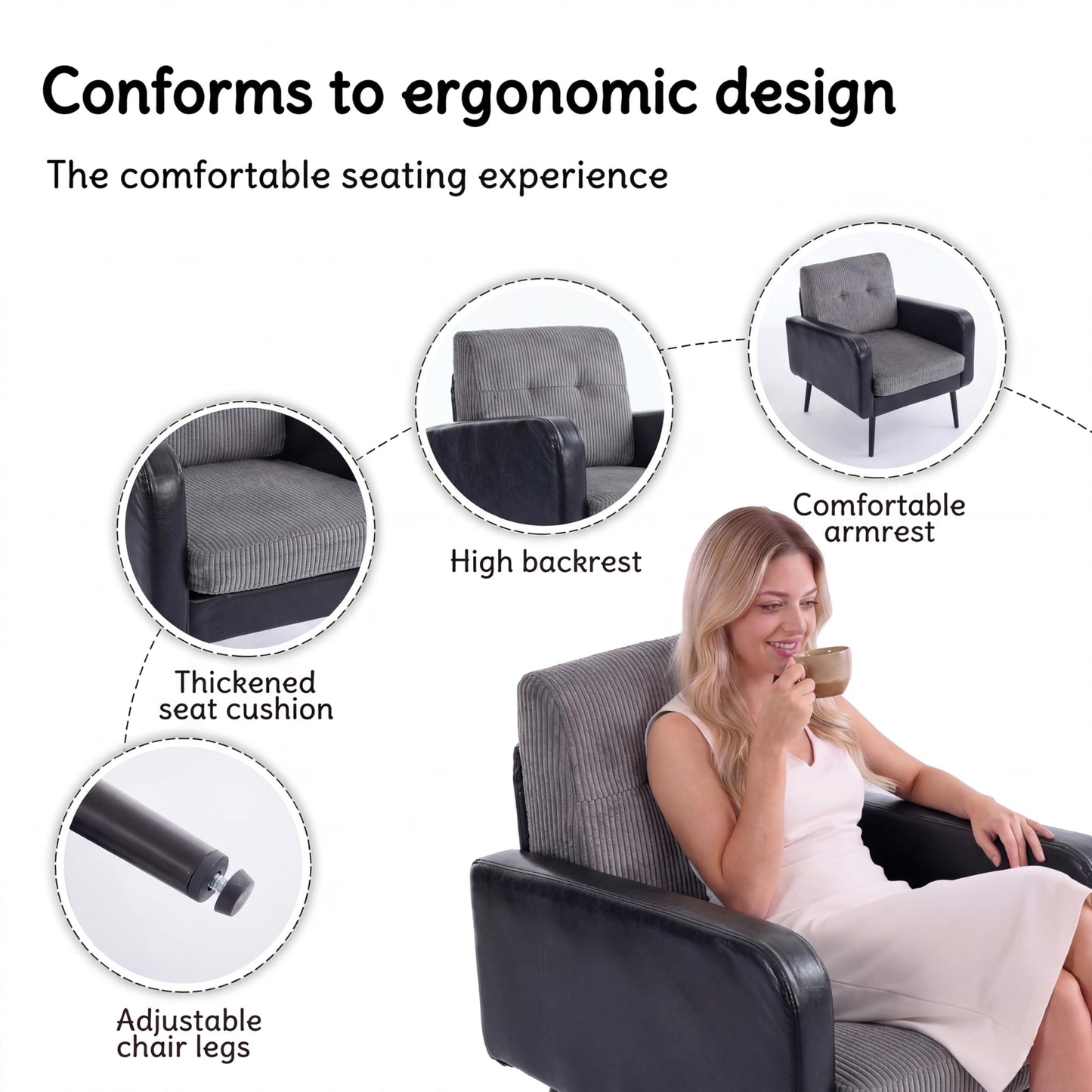 Accent Chair for Living Room armchair,Comfy Upholstered Modern armchair, Vintage Reading Chair, Versatile Sitting Chair with Metal Legs for Living Room Bedroom Office Waiting Room Study (Grey&Black)