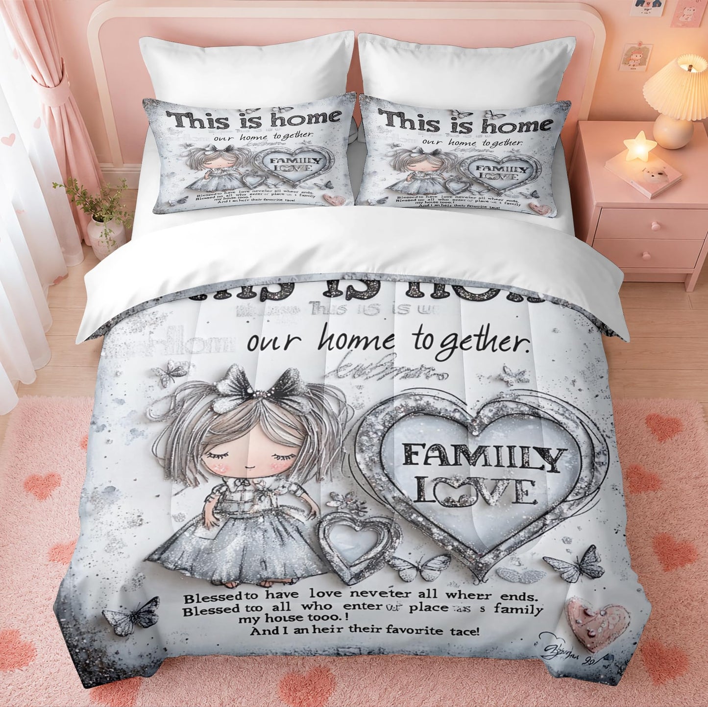 CCoutueChen Kids Twin Princess Bedding Set, Silver Glitter Girl Butterfly Hearts Comforter Set for Girls, Shabby Chic Warm Microfiber Comforter with 1 Pillowcase, 68"x86"
