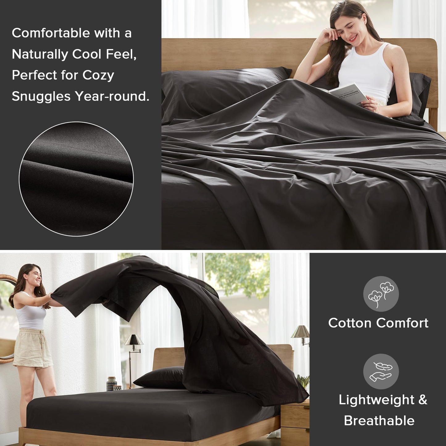 Comfort Spaces 100% Cotton Sheets Full, Breathable & Ultra Soft Cotton Sheets, Naturally Cool Cotton Bed Sheets with 14" Elastic Pocket Fits up to 16" Mattress, All Season Sheet Set, Black 4 Piece