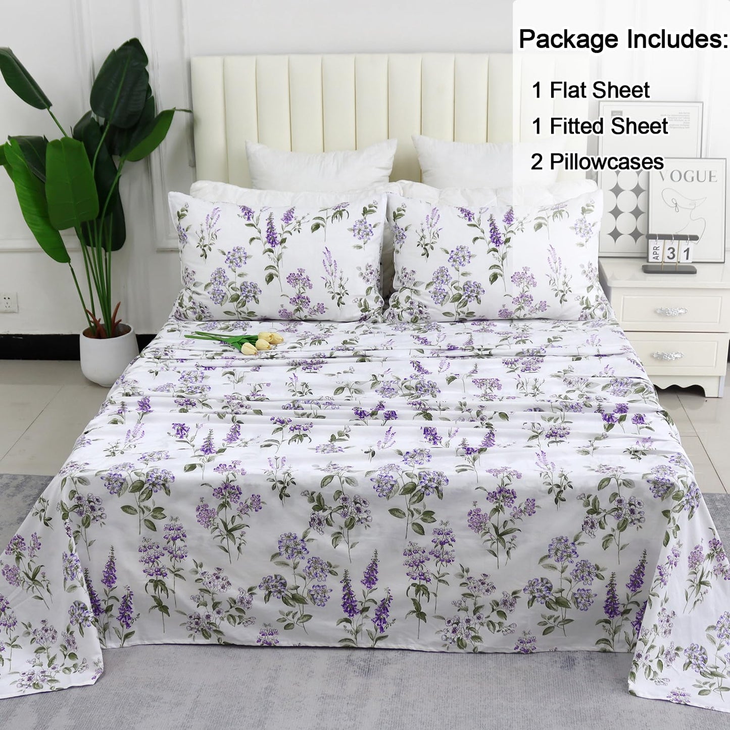 Helthep Floral Sheet Set King Size 100% Cotton Purple Floral Pattern Sheets Botanical Shabby Printed Bed Sheets Set Luxury Percale Warm 17.5" Deep Pocket Ultra Soft and Beathable, 4Pcs