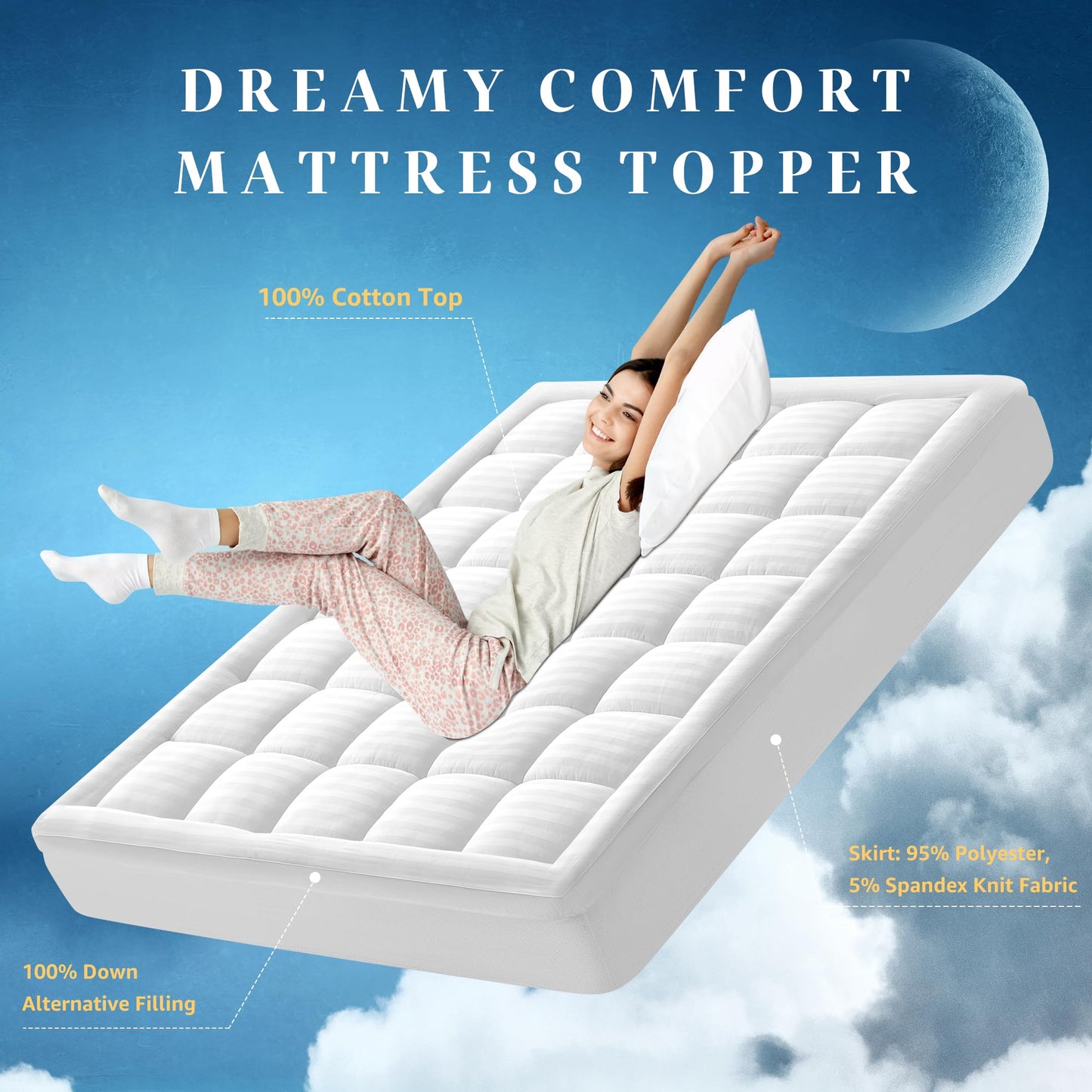 Thick Mattress Topper Twin Size, 100% Breathable Cotton Top Mattress Pad for Kids & Adults, Cooling Quilted Pillow Top Protector, 8-22" Deep Pocket, Machine Washable (39 x 75 Inches, White)