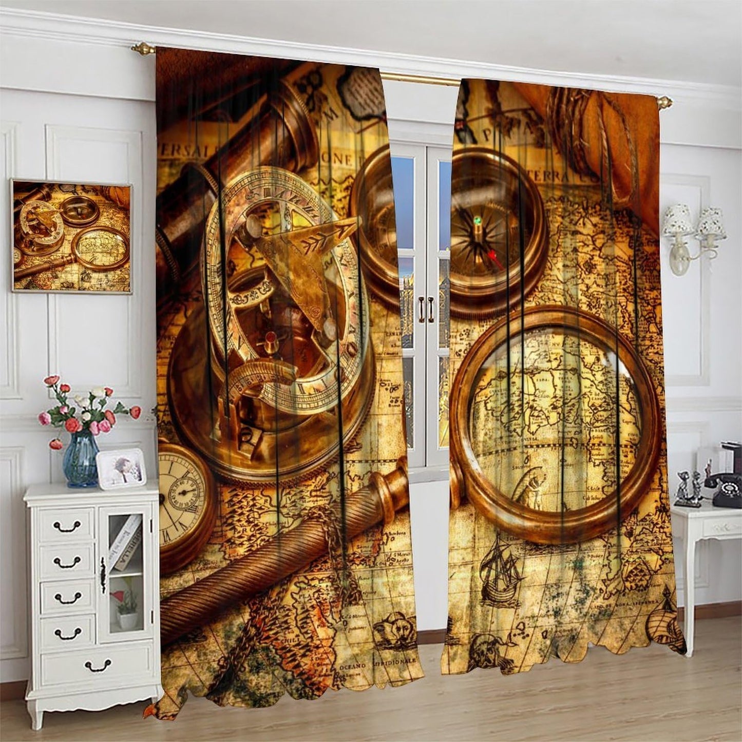 wlsgdsg Retro Map Curtains for Kids Retro Rural Medieval Old Nautical Treasure Map Compass Pattern Window Treatments for Boys Teen Bedroom Living Room 42x44.5In（No Blackout）