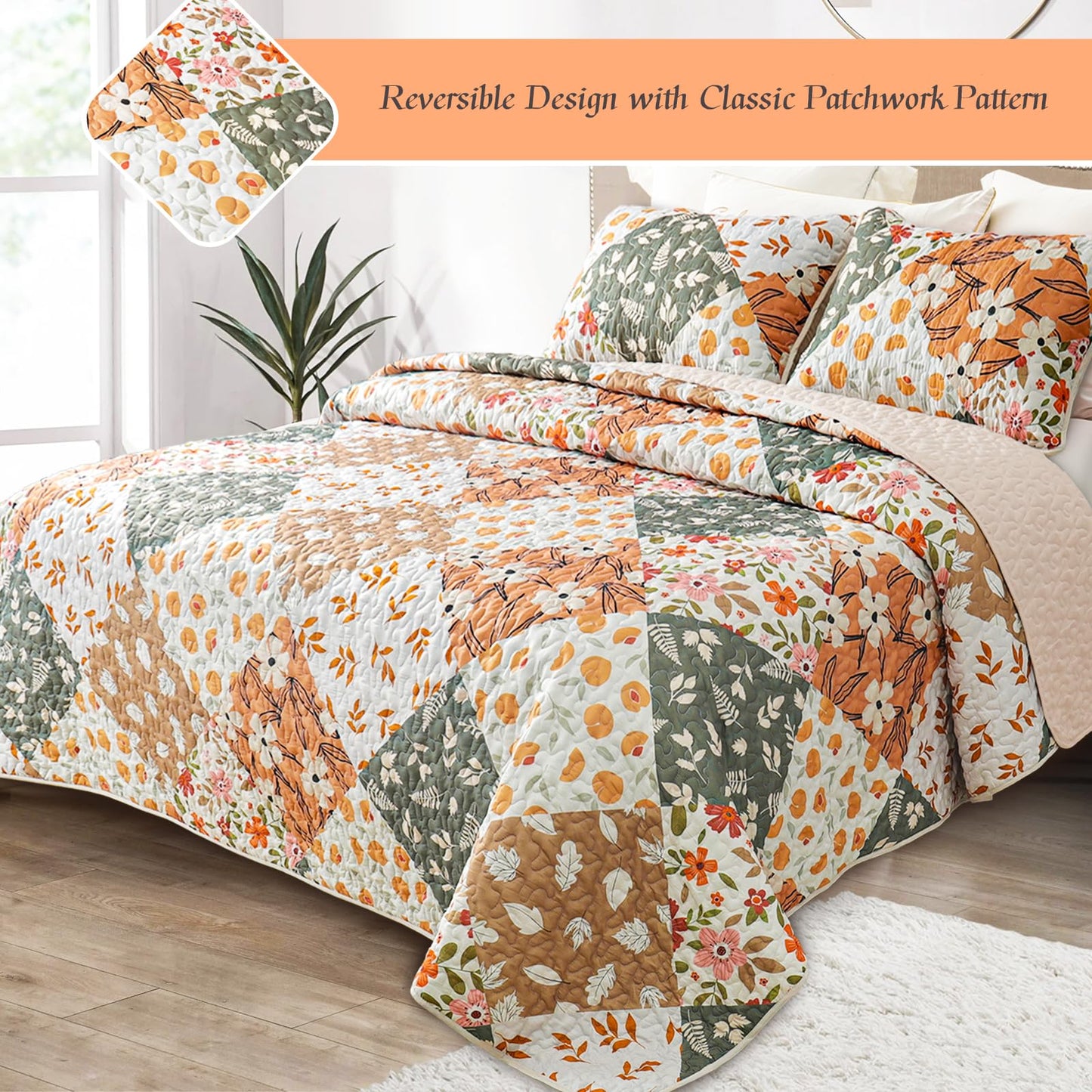 Whale Flotilla Patchwork Quilt King Size, Extra Soft Boho Floral Bedspreads for Bed Reversible Lightweight King Quilt Bedding Set Printed Coverlets with 2 Pillow Shams for All Seasons, Orange
