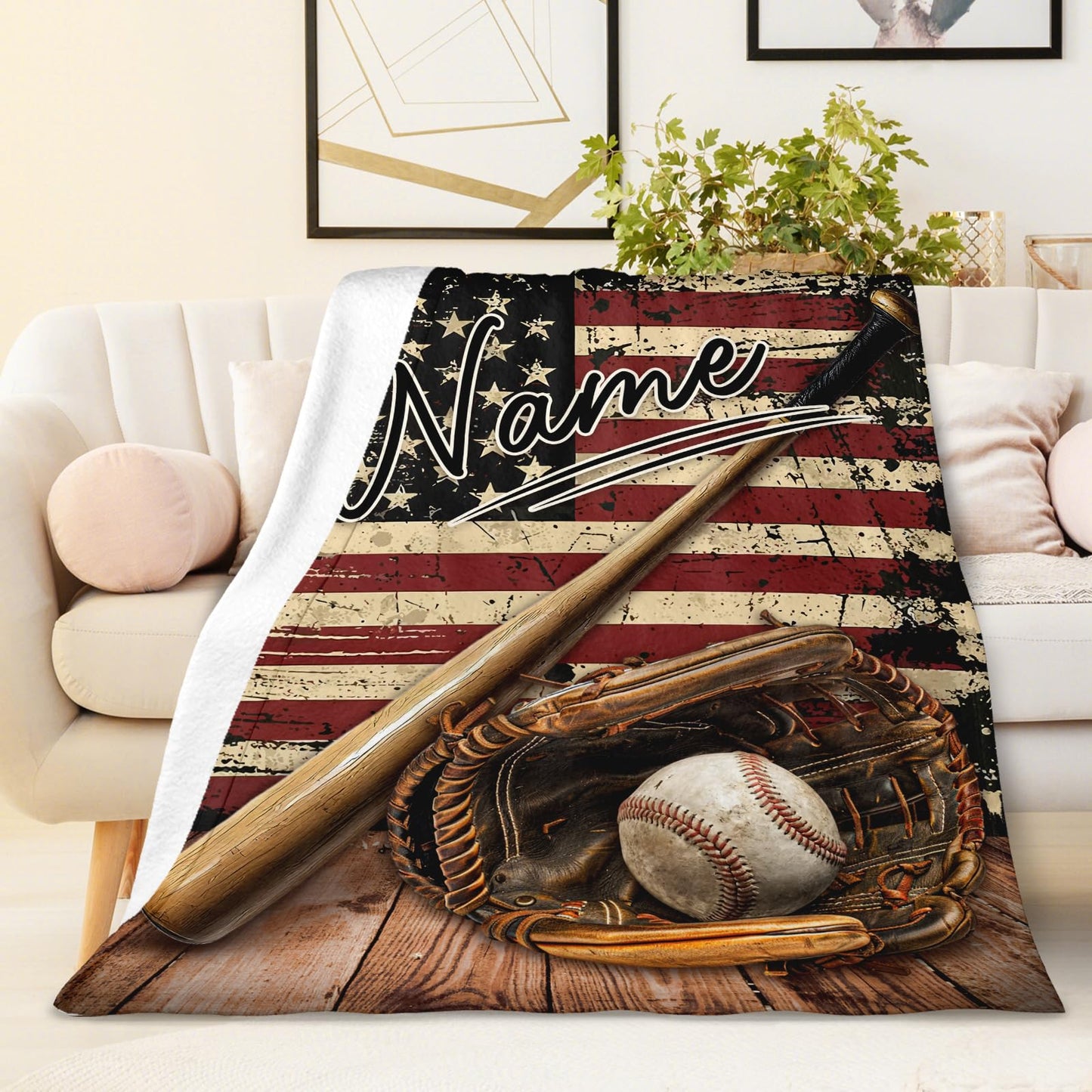 PAKKITOP Baseball Blanket, Personalized Boys Throw Blanket for Baseball Lovers Team Players, Custom Retro 40x50 Inches Blanket Gift for Son Nephew on Chair Sofa Couch Bed Decor