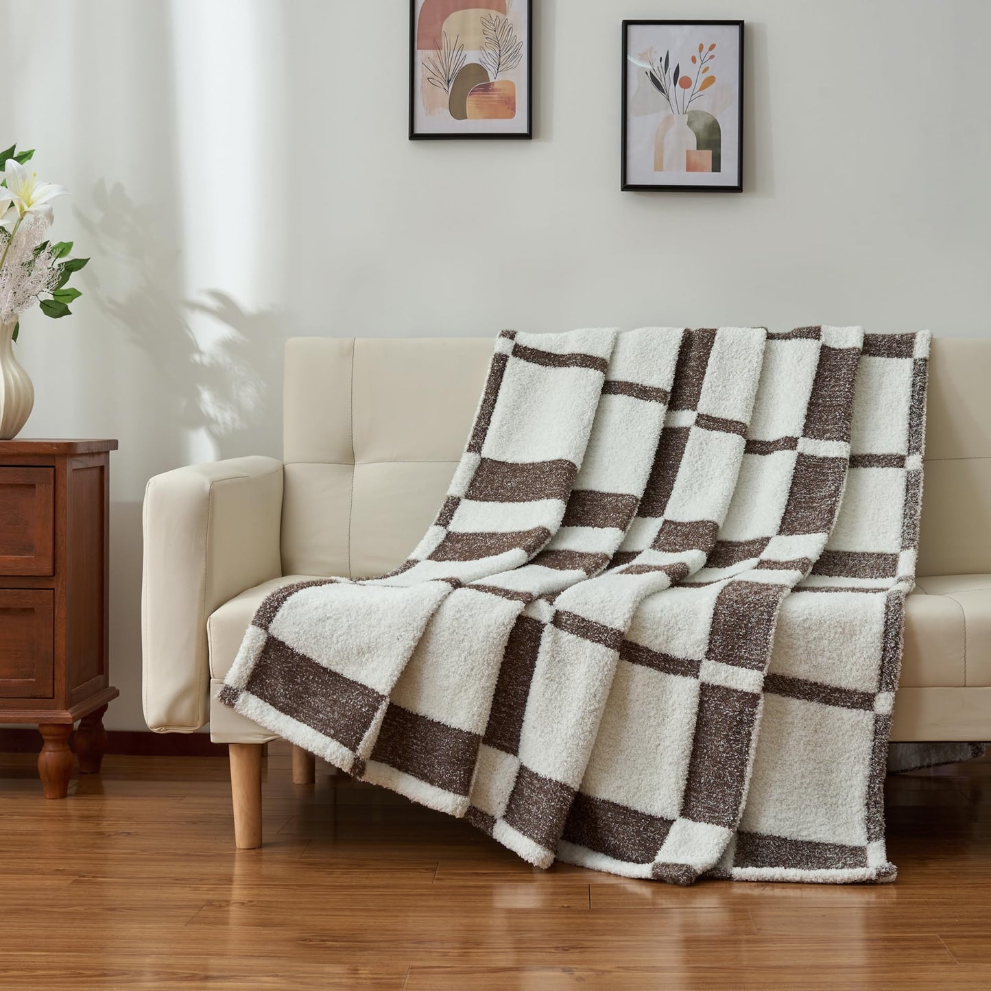 CloudDwelling Winter Plaid Throw Blanket Fluffy Fuzzy Soft Lightweight Cozy Farmhouse Tassels Checkered Knitted Throws for Couch Sofa Bed (Brown, 50"x60")
