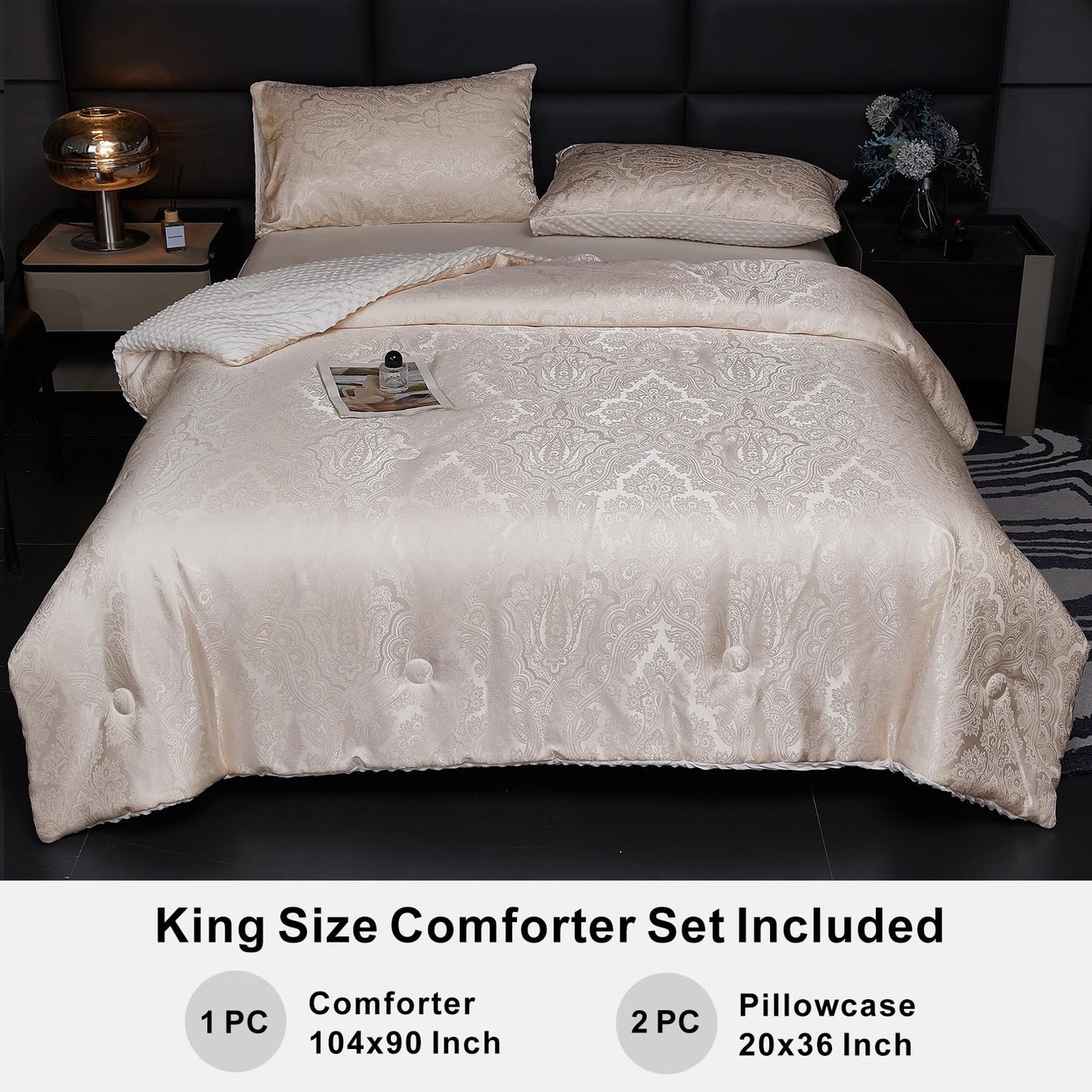 tohrisa Jacquard Comforter Set - Luxury Warm Paisley Floral Pattern King Size Bedding with 2 Pillowcases All-Season Soft & Lightweight 3D Bubble Design Bed Set (104x90 Inches Rose Gold)