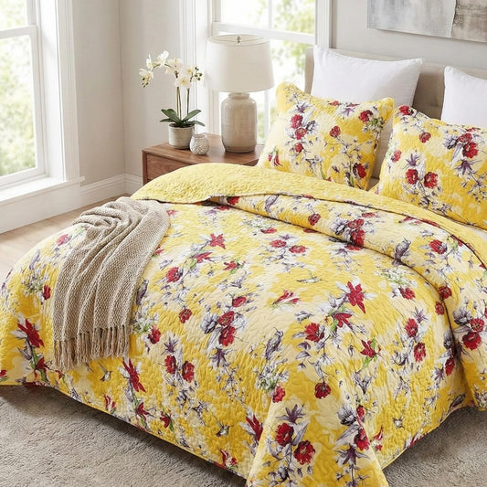 DaDa Bedding Radiant Sunshine Yellow Floral Bedspread Set - Hummingbirds Farmhouse Red Flowers Garden Quilted Coverlet - Scalloped Edges Bright Vibrant Multi-Colorful - Queen - 3-Pieces