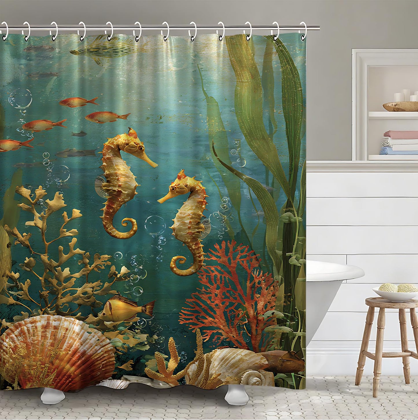THISFIND Shower Curtain, Underwater Seahorse Coral Reef Scene Machine Washable Waterproof Fabric for Bathroom Decor Bathtub with 12 Hooks 72x72