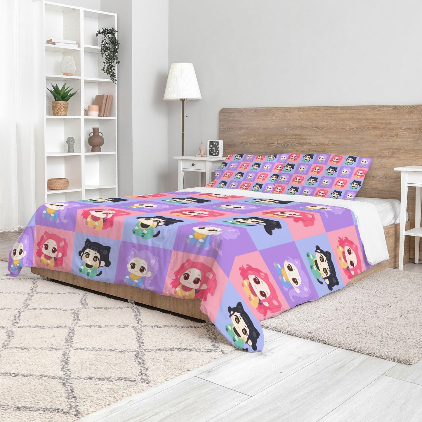 Allenjoy Cute Seamless Purple Korean Hunter Comforter Set with 1 Pillowcase for Girls Teens Women Fans Daughter Bedroom Nursery Bedding Room Decor, Machine Washable Durable Twin Size