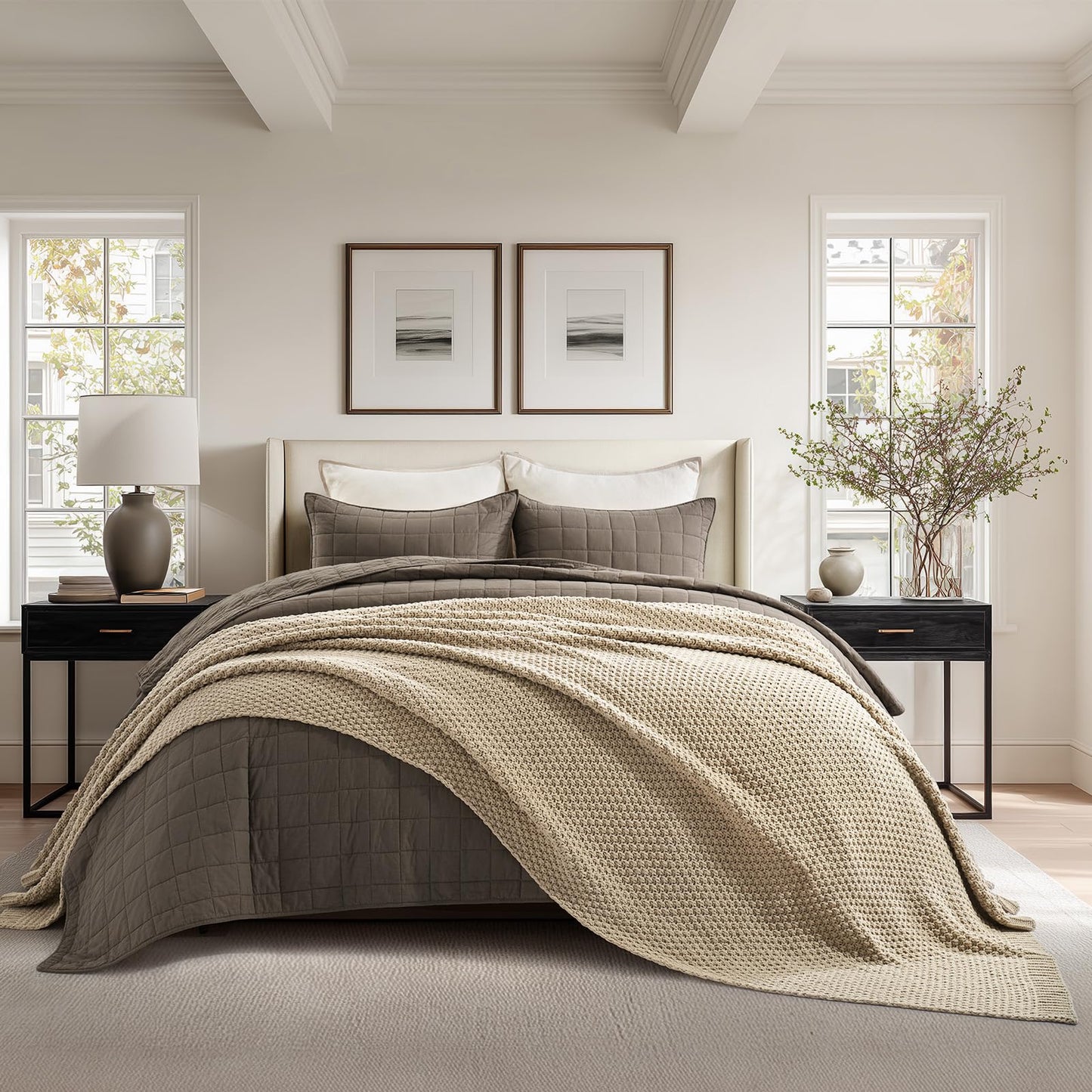 EVERGRACEHOME Chunky Chenille Knit Throw Blanket for Couch, Soft Luxurious Oversized Queen Moss Stitch Blanket for Bed, Cozy Farmhouse Knitted Throw for Sofa, Sand Dune, 90" x 90"
