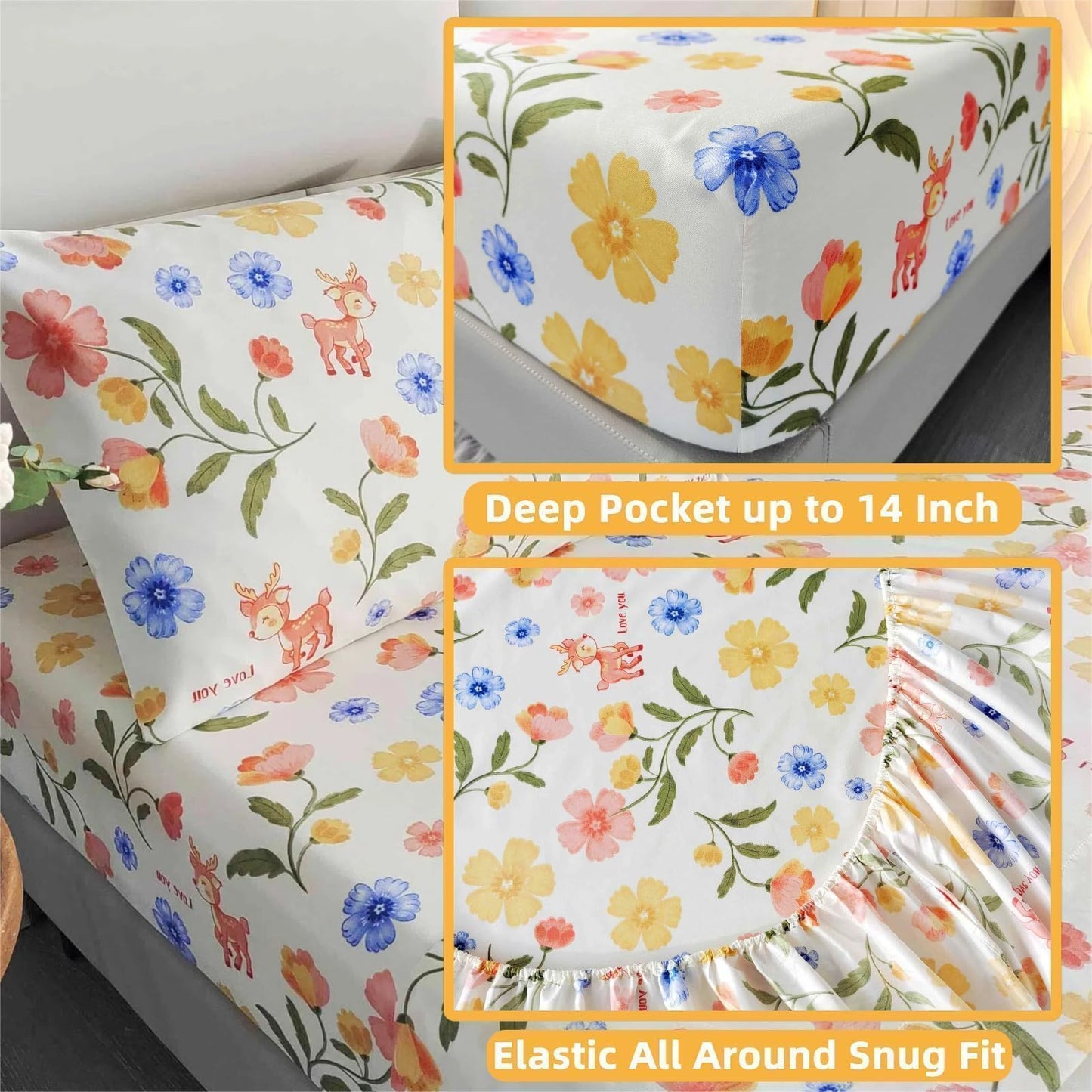 SDIII Reindeer and Floral Full Size Fitted Sheet with 2 Pillowcases, Deep Pocket Soft Microfiber Fawn and Floral Full Size Sheet All Season