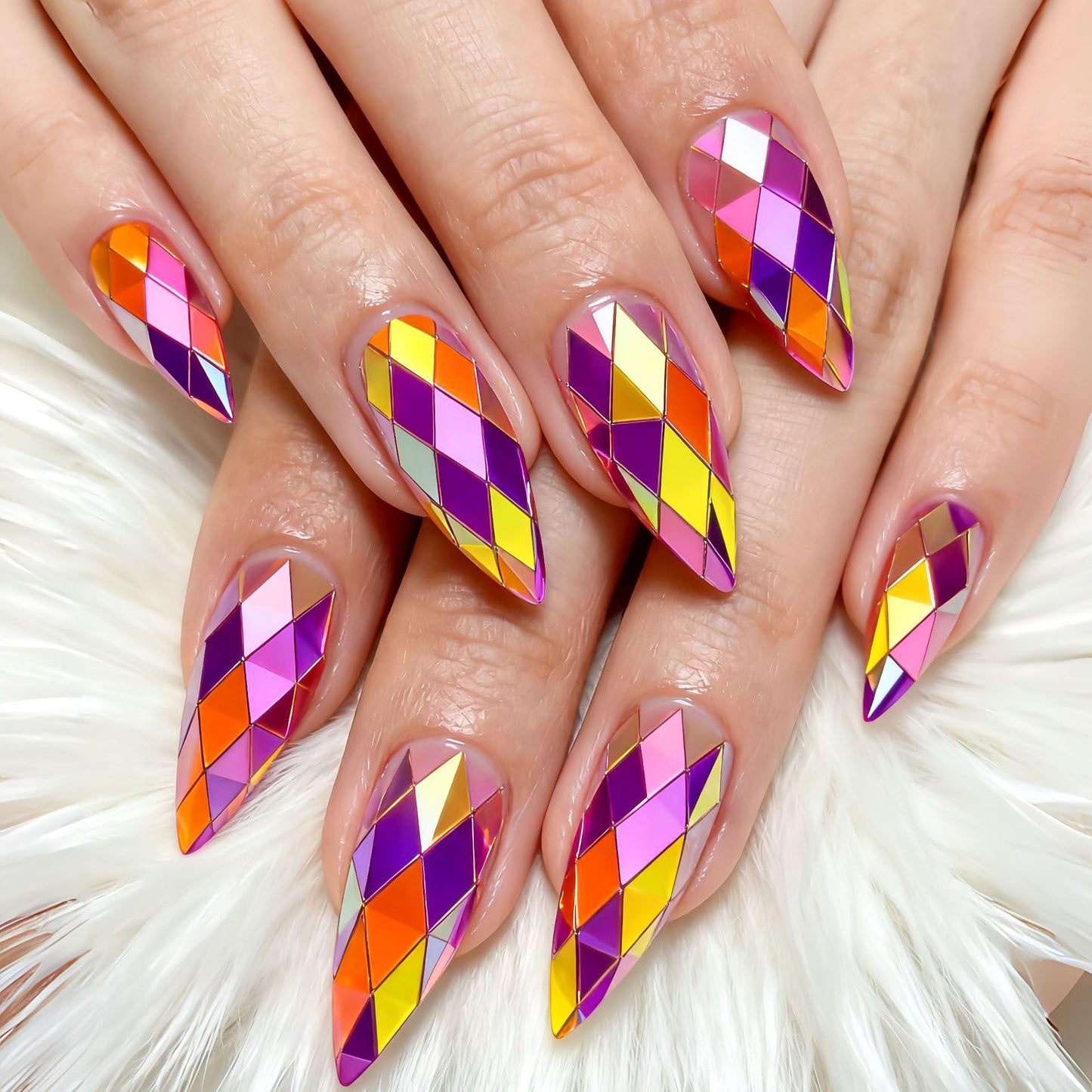 RUOKEXIN Medium Length Press on Nails Almond Fake Nails Multicolor Chrome False Nails with 3D Rhombus Designs Chrome Nail Press ons Sparkly Artificial Nails for Women 24Pcs
