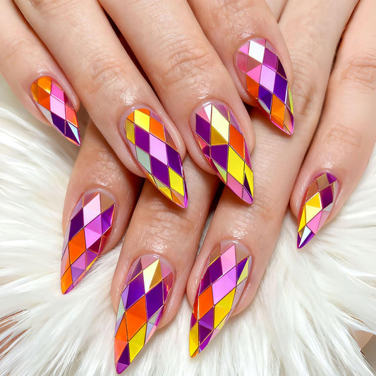 RUOKEXIN Medium Length Press on Nails Almond Fake Nails Multicolor Chrome False Nails with 3D Rhombus Designs Chrome Nail Press ons Sparkly Artificial Nails for Women 24Pcs