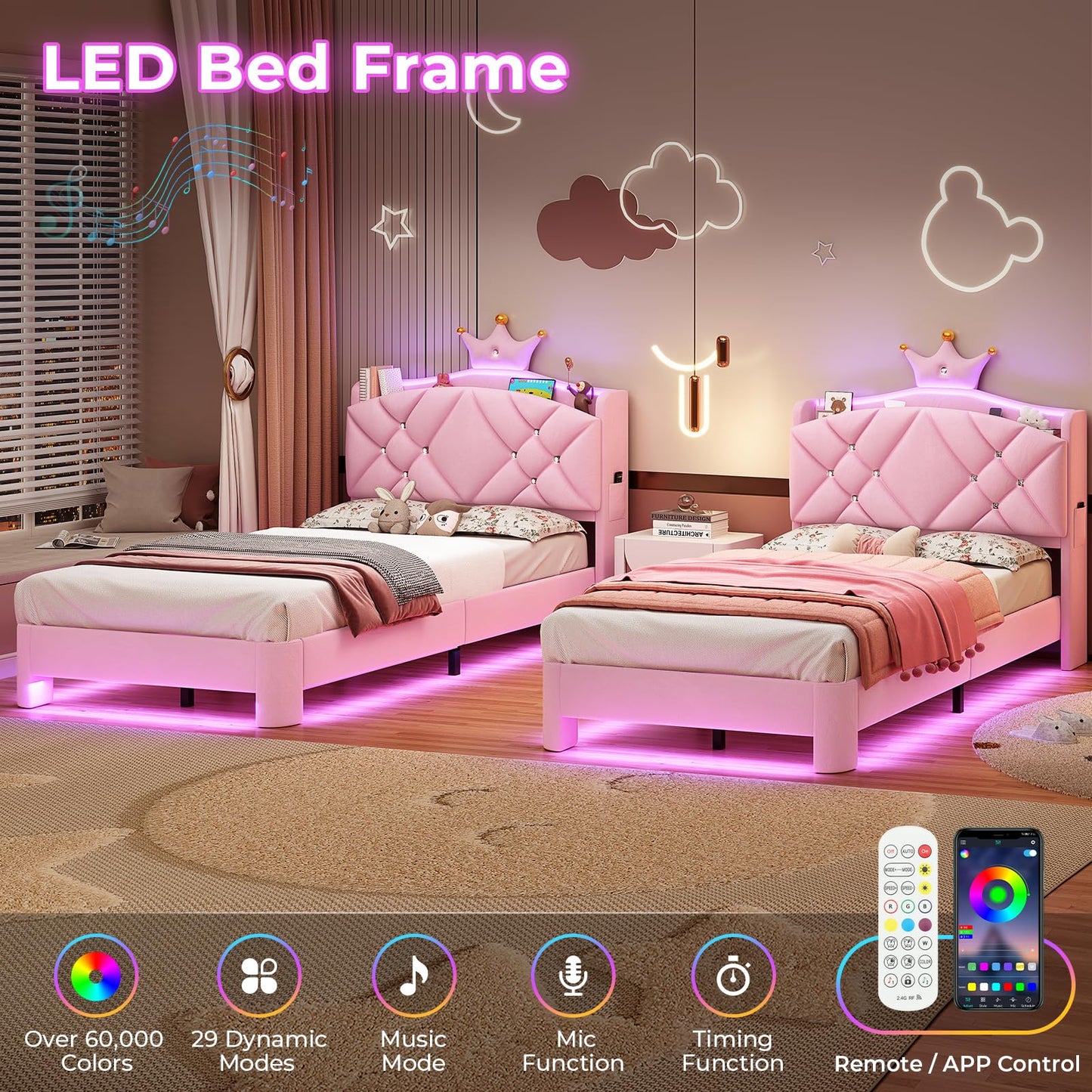 MSmask Twin Bed Frame with LED Lights, Princess Upholstered Bed with Headboard with Charging Station & Crystal Button & Crown, Velvet Platform Bed for Girls, Solid Wood Slats, Curved Legs, Pink