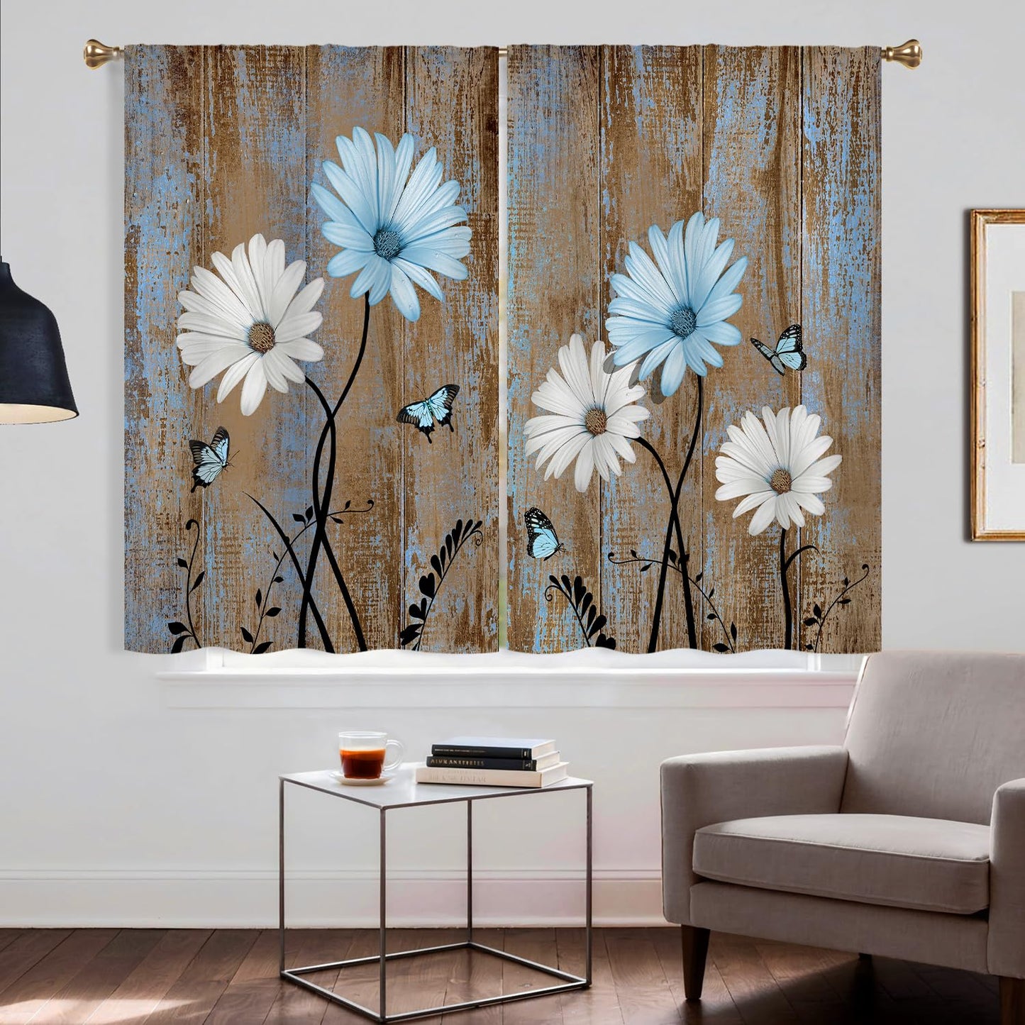 Cizuug Blue Farmhouse Daisy Curtains KitchenWooden Barn Plank Small Short Cafe Window Curtains Butterfly Rustic Country Spring Farm Bathroom Drapes Treatment Tier Curtains 2 Panels