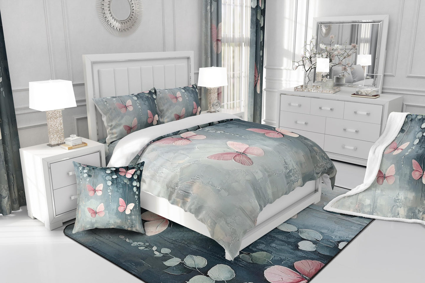 Erosebridal Oil Painting 100% Natural Cotton Bedding Set,Rustic Aesthetics Bed Set,Butterfly Eucalyptus Duvet Cover Twin Size,Wild Animal Plants Quilt Cover with 1 Pillowcase