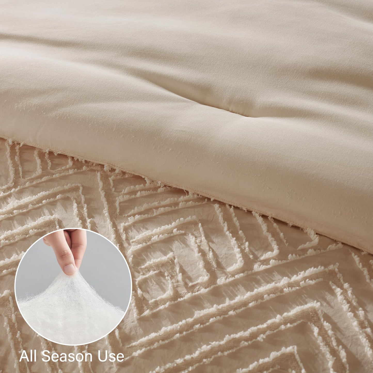 Zzlpp Queen Comforter Set 7 Pieces, Beige Bed in a Bag Queen Size, Tufted Boho Bedding Set with 1 Comforter, 2 Pillow Shams, 2 Pillowcases, 1 Flat Sheet, 1 Fitted Sheet