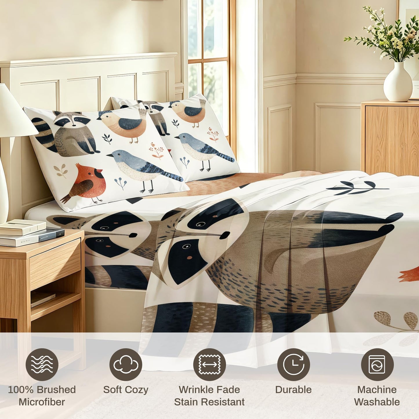 Bird Bedding Set 4 Pcs Raccoon King Sheets, Red Blue White