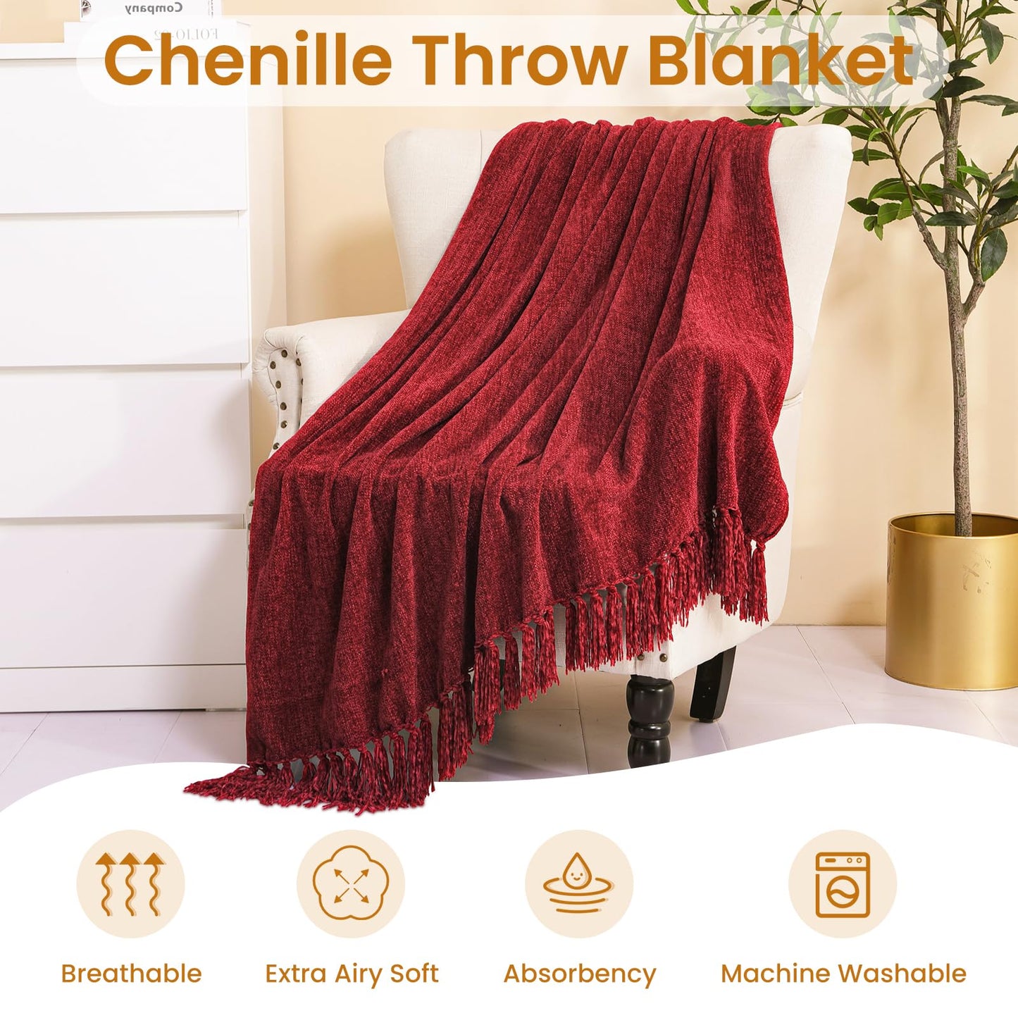 Yoenillo Burgundy Red Chenille Throw Blanket for Couch Bed，Soft Cozy Throw Blanket with Handmade Fringe, Decorative Blanket for Sofa Chair Living Room for Gift, (Burgundy Red)