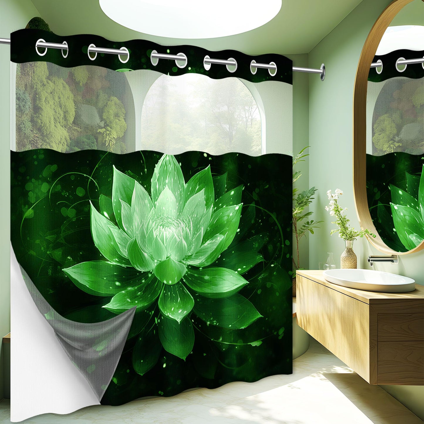 Lotus Hookless Shower Curtain with Liner, Black and Green Floral, 71"x74"