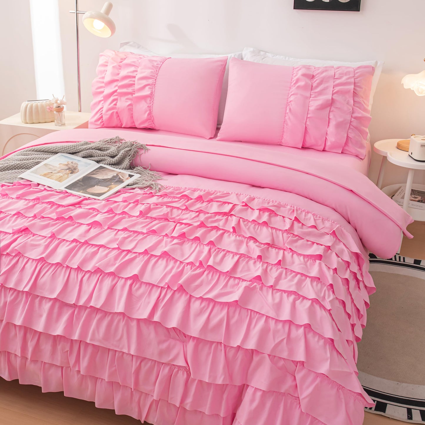Yadangxiawa Pink Comforter Set Twin, 5-Piece Bed in a Bag Twin for Teen Girls, Pink Ruffle Bedding Set for Girls Kids, Teen Girl Bedding Sets,Princess Dress Comforter for All Season