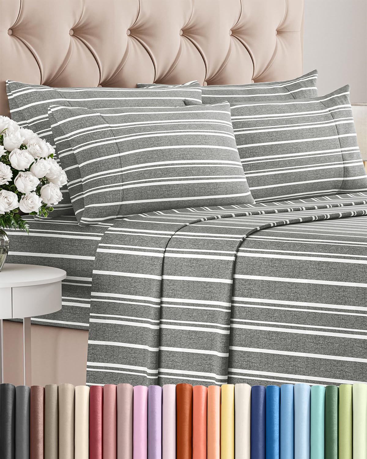 Queen 6 Piece Sheet Set - Comfy Breathable & Cooling - Soft Hotel Luxury Bedding Set with 8-16 Inch Deep Pockets - 1 Flat & 1 Fitted Sheet & 4 Pillowcases - Wrinkle Free & Easy Care - Grey Stripes 3