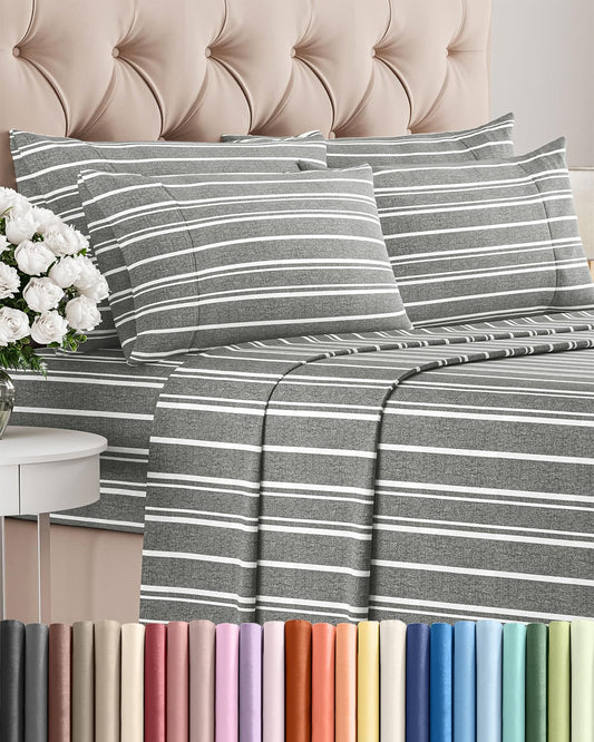 Queen 6 Piece Sheet Set - Comfy Breathable & Cooling - Soft Hotel Luxury Bedding Set with 8-16 Inch Deep Pockets - 1 Flat & 1 Fitted Sheet & 4 Pillowcases - Wrinkle Free & Easy Care - Grey Stripes 3