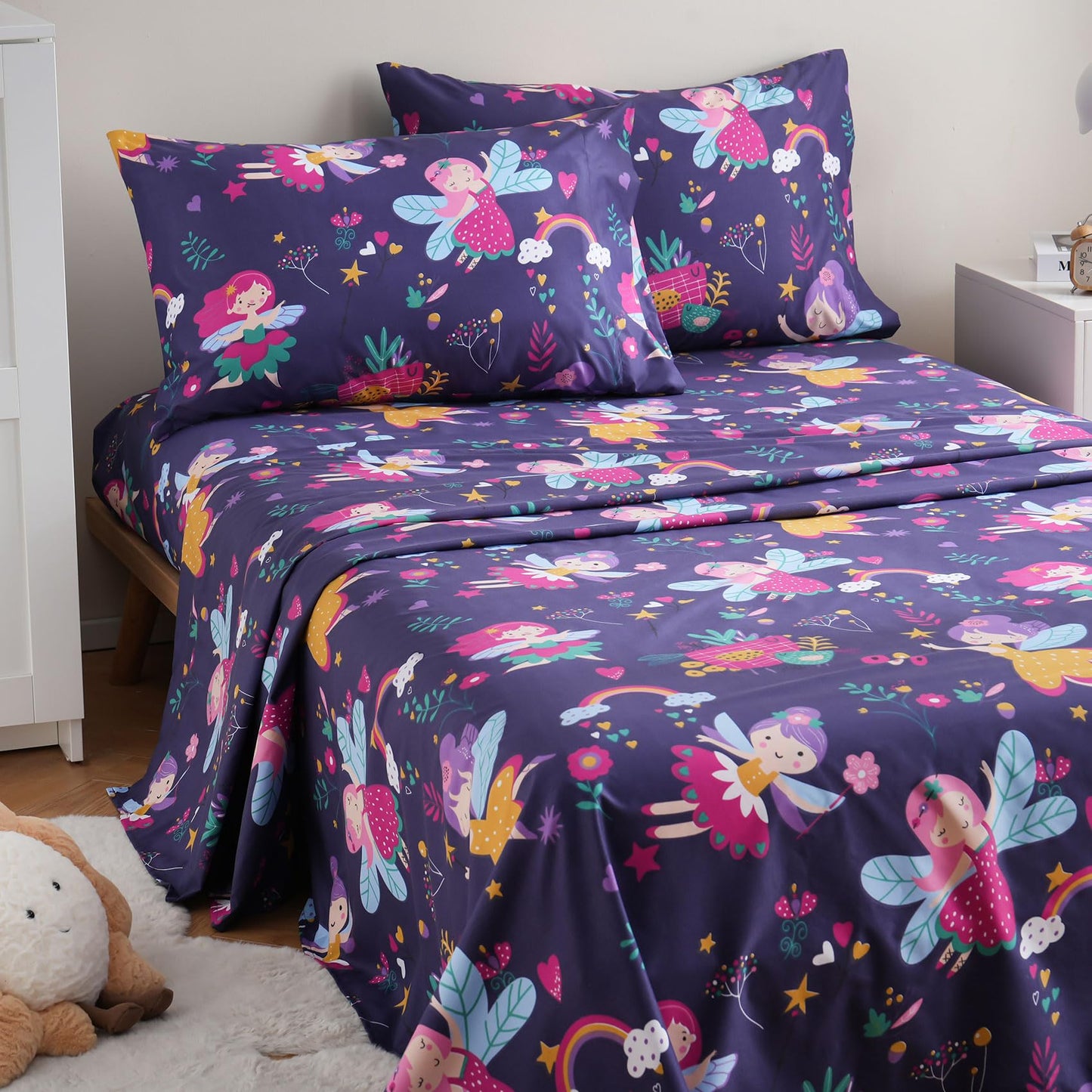 JSD Purple Fairy Kids Sheet Set Twin Size, 3 Piece Girls Floral Printed Microfiber Sheets Deep Pocket