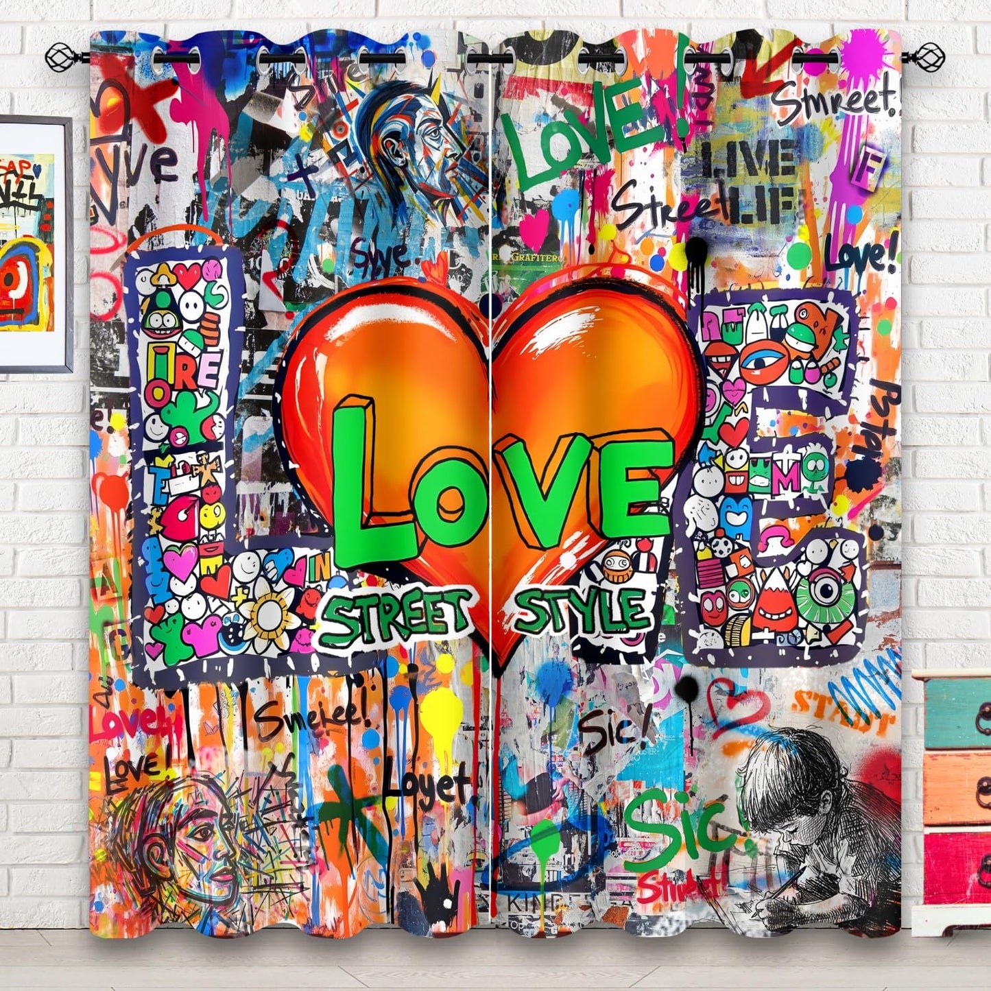 HIYSMT Graffiti Wall Hip Hop Curtains 42x84inch Alphabet Love Heart Art Design Blackout Curtain Modern Abstract Colorful Urban Graffiti Privacy Drapes for Bedroom Living Room 2Panels HI07YL
