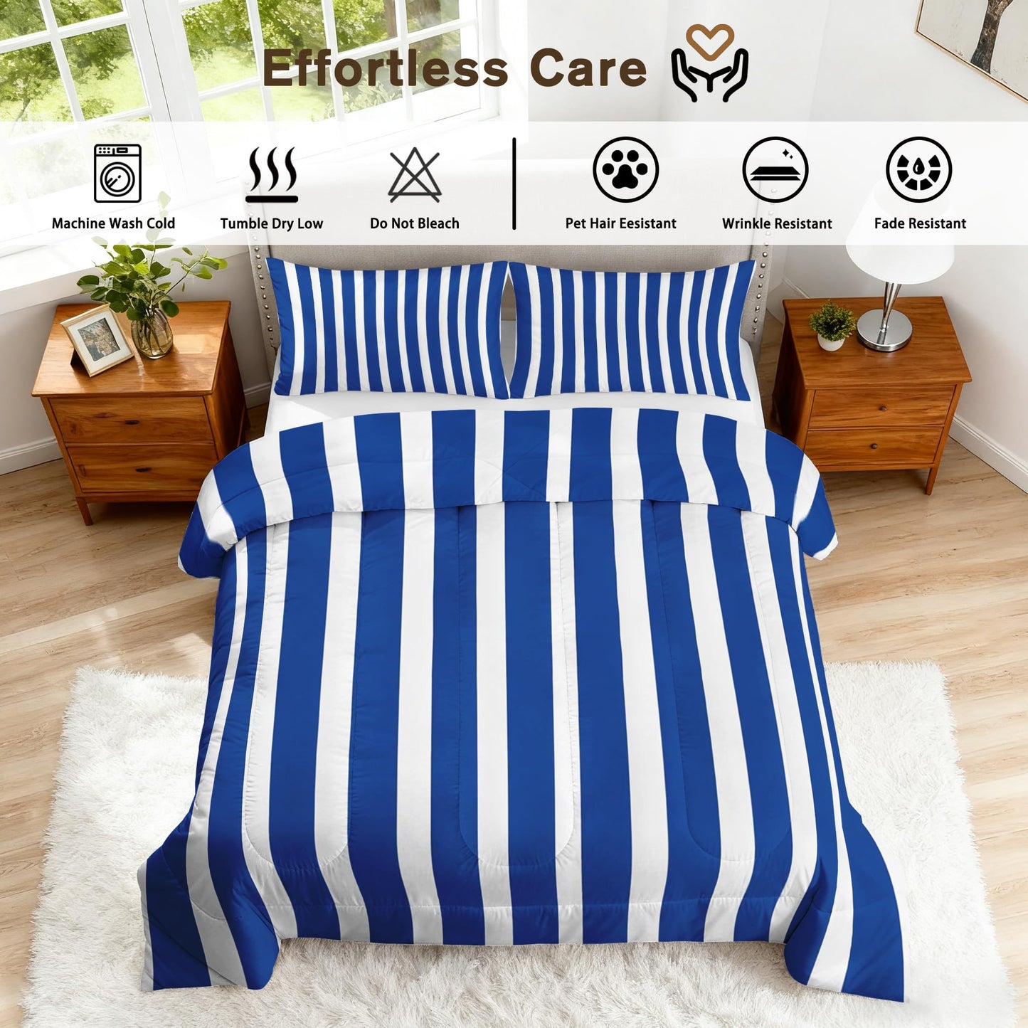 TANCAPRIUM Blue White Striped Comforter Set Twin - Nautical Bedding Set & 2 Pilow Cases for All Season - Soft Reversible Down Alternative 3 Piece. Striped Bedrom Decor