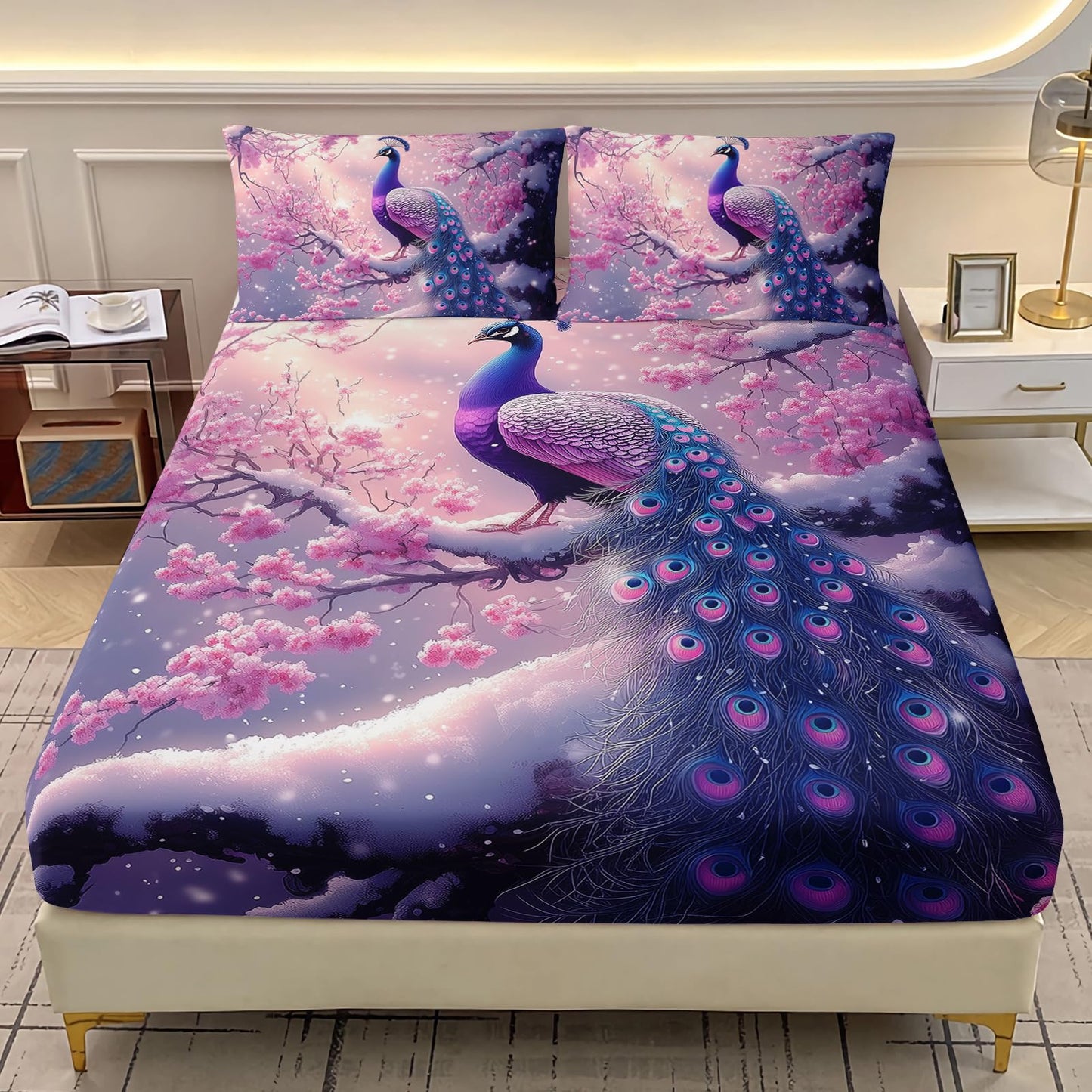 AILONEN Pink Peacock Bedding Set for Kids Girls Twin - Beautiful Floral Bird Fitted Sheet & 2 Pillowcases - 3 Pieces Elegant Animal Themed Sheet Set