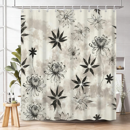 NAEMBCU Extra Long Black Flower Shower Curtain with Hooks - 72x78 Inch Waterproof Fabric Watercolor Floral Botanical Print Bath Shower Curtain for Minimalist Japandi Zen Art Bathroom Decor
